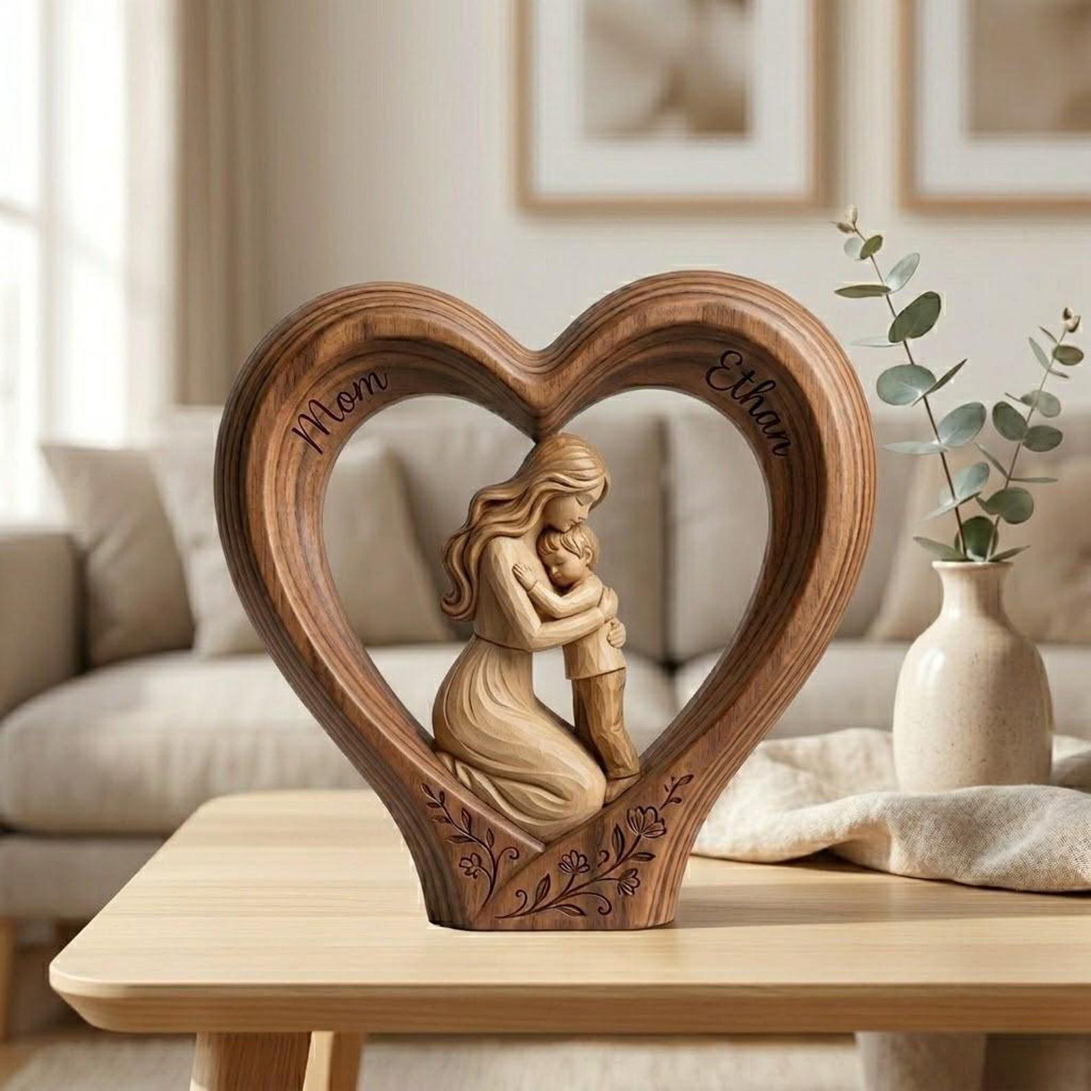 Personalized Mom and Son 2D FLAT Wooden Heart Block, Custom Name Family Keepsake Decor, Rustic Wood Table Sign, Mothers Day Gift for Mom