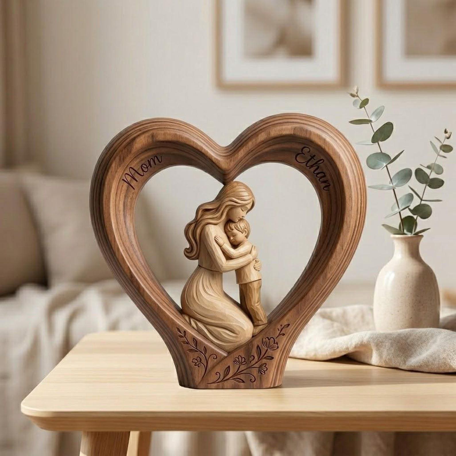 Personalized Mom and Son 2D FLAT Wooden Heart Block, Custom Name Family Keepsake Decor, Rustic Wood Table Sign, Mothers Day Gift for Mom