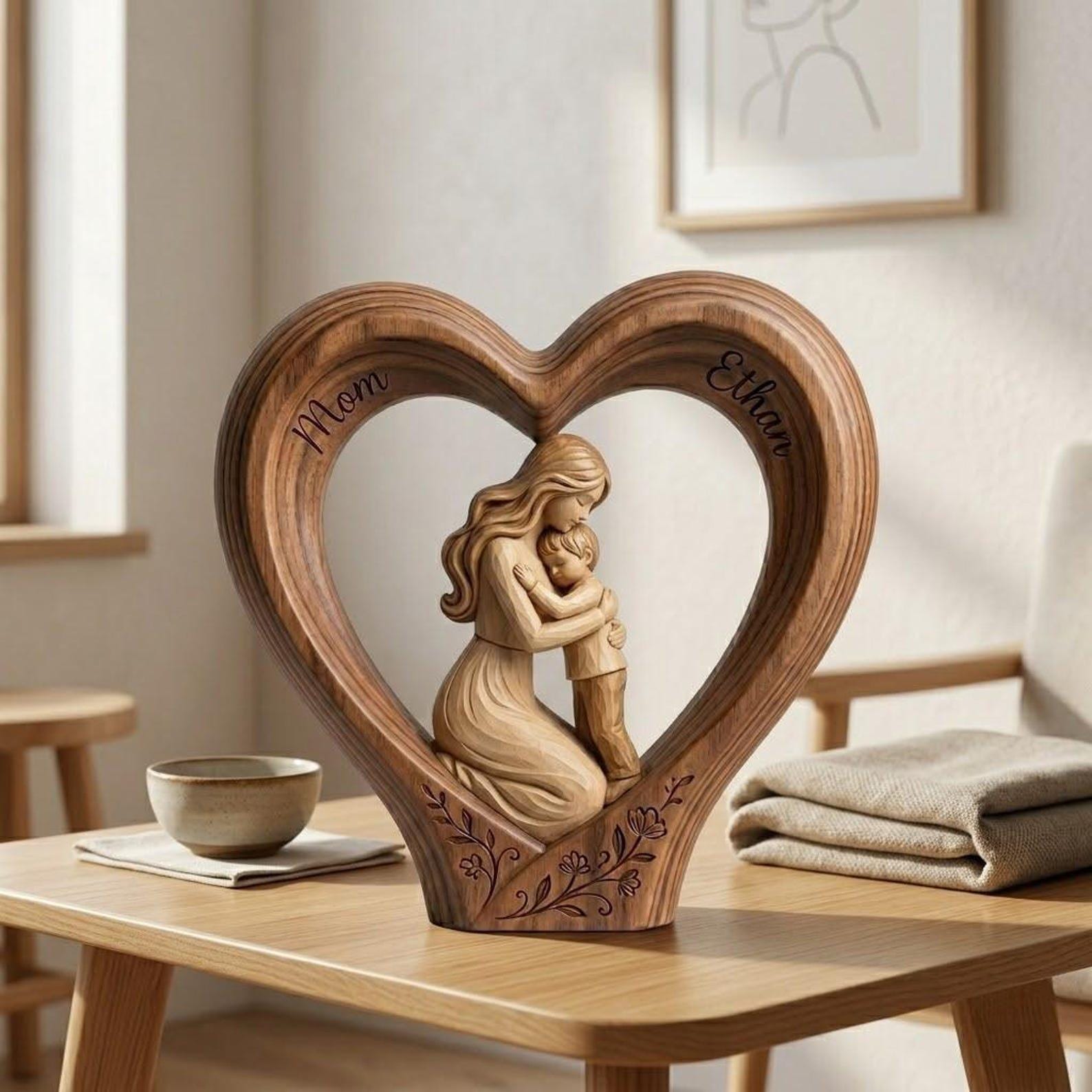 Personalized Mom and Son 2D FLAT Wooden Heart Block, Custom Name Family Keepsake Decor, Rustic Wood Table Sign, Mothers Day Gift for Mom