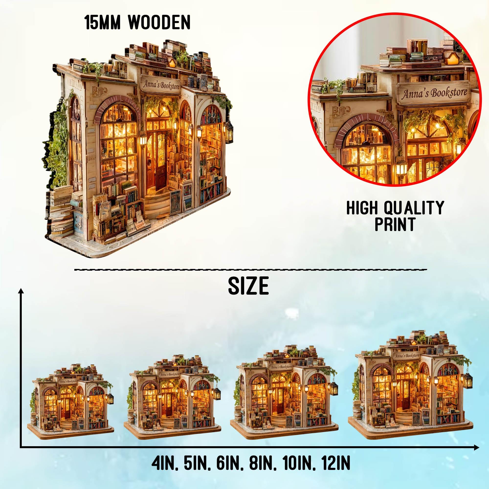 Personalized 2D Miniature Bookstore Wooden Model - Vintage Library Decor - Custom Name Book Lover Gift