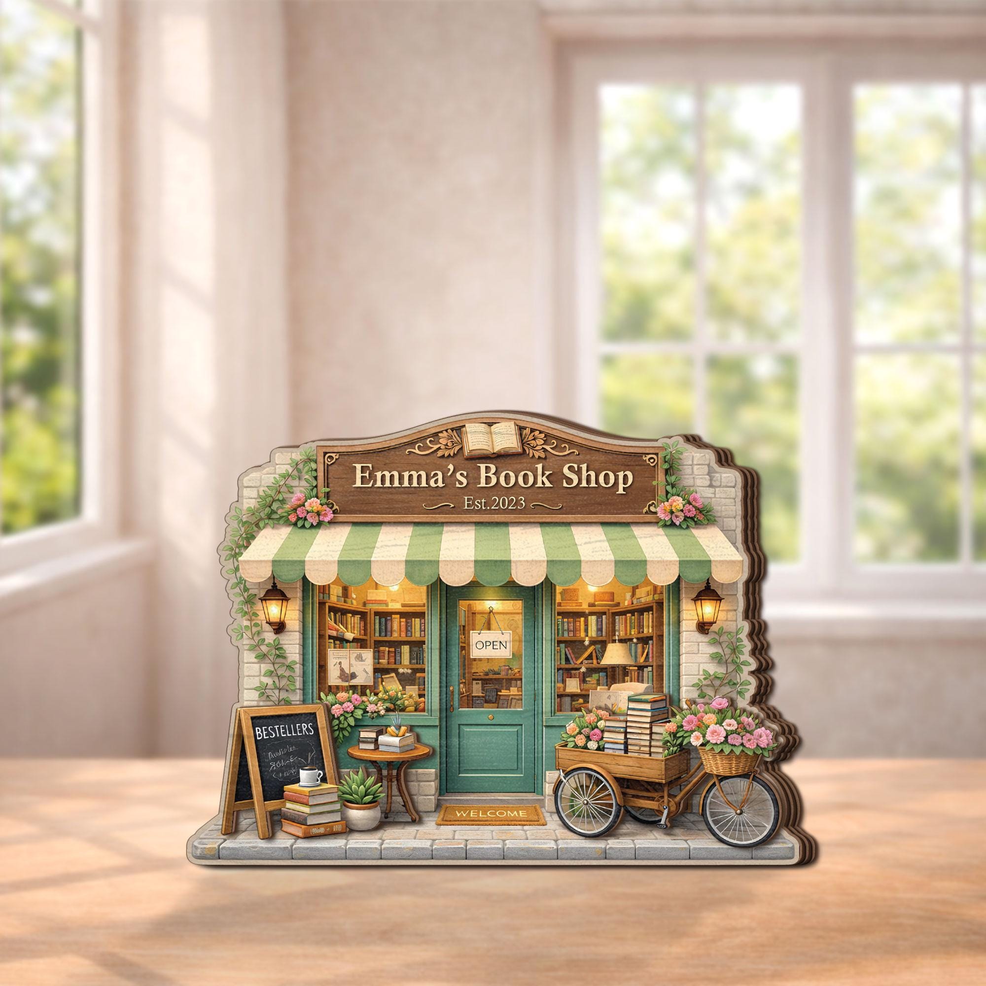 Personalized Bookshop Wooden Block, Custom Bookstore Shelf Sitter, Reading Nook Decor, Book Lover Gift, Cozy Bookshelf Wooden Plaque Decor