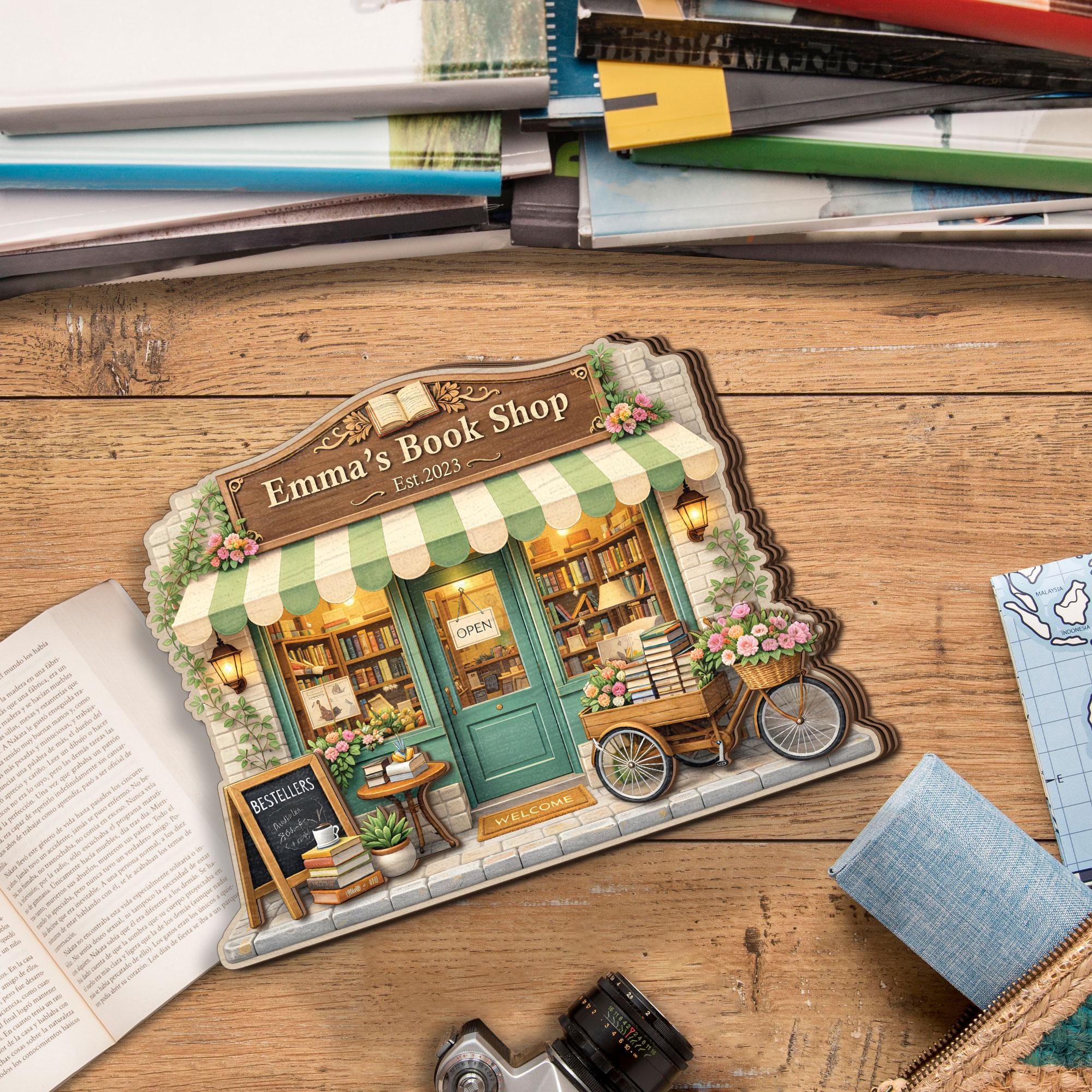 Personalized Bookshop Wooden Block, Custom Bookstore Shelf Sitter, Reading Nook Decor, Book Lover Gift, Cozy Bookshelf Wooden Plaque Decor