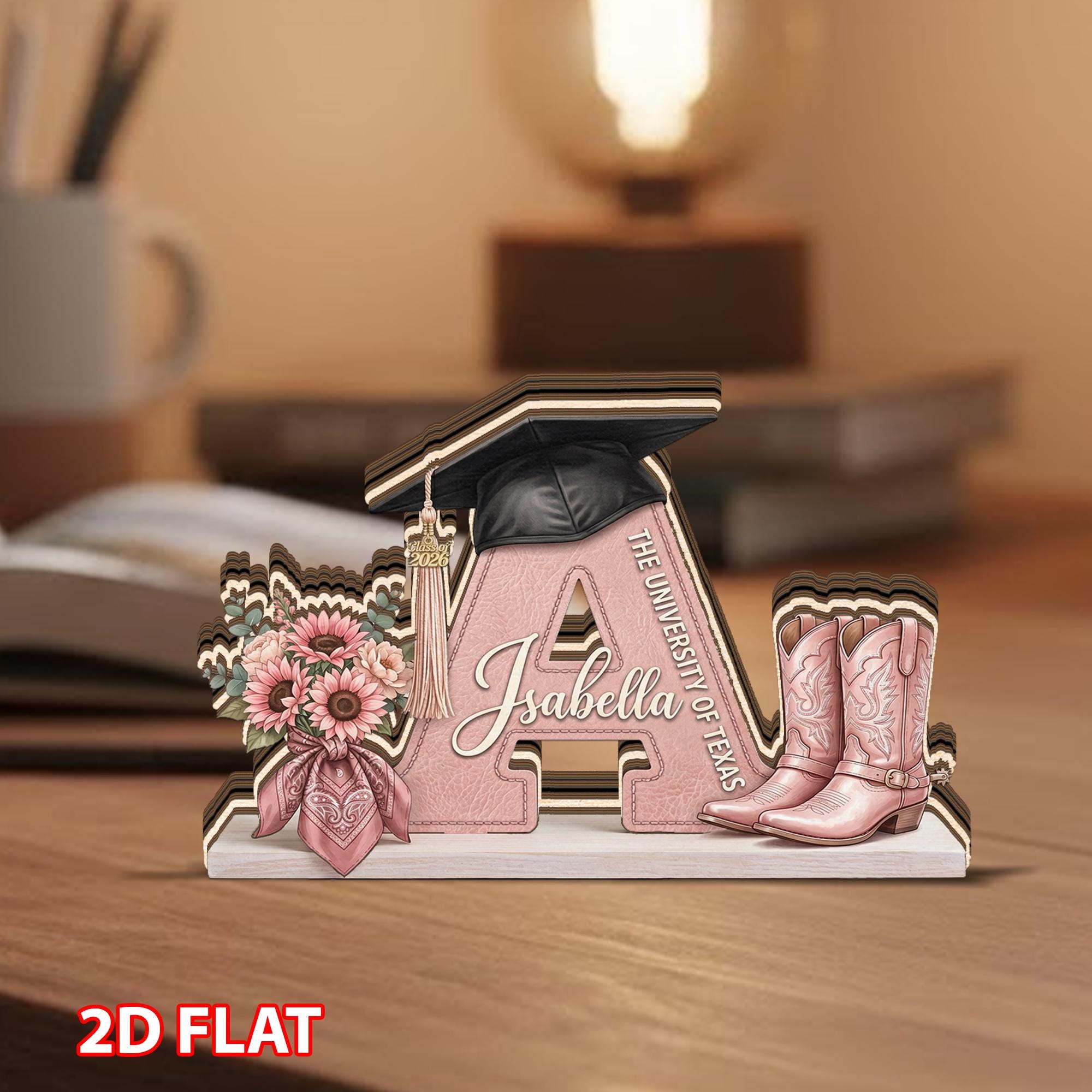 Personalized Graduation Wooden Block, Custom Name Letter Decor, Cowgirl Boots Grad Cap Keepsake, College Gift for Her Daughter Friend