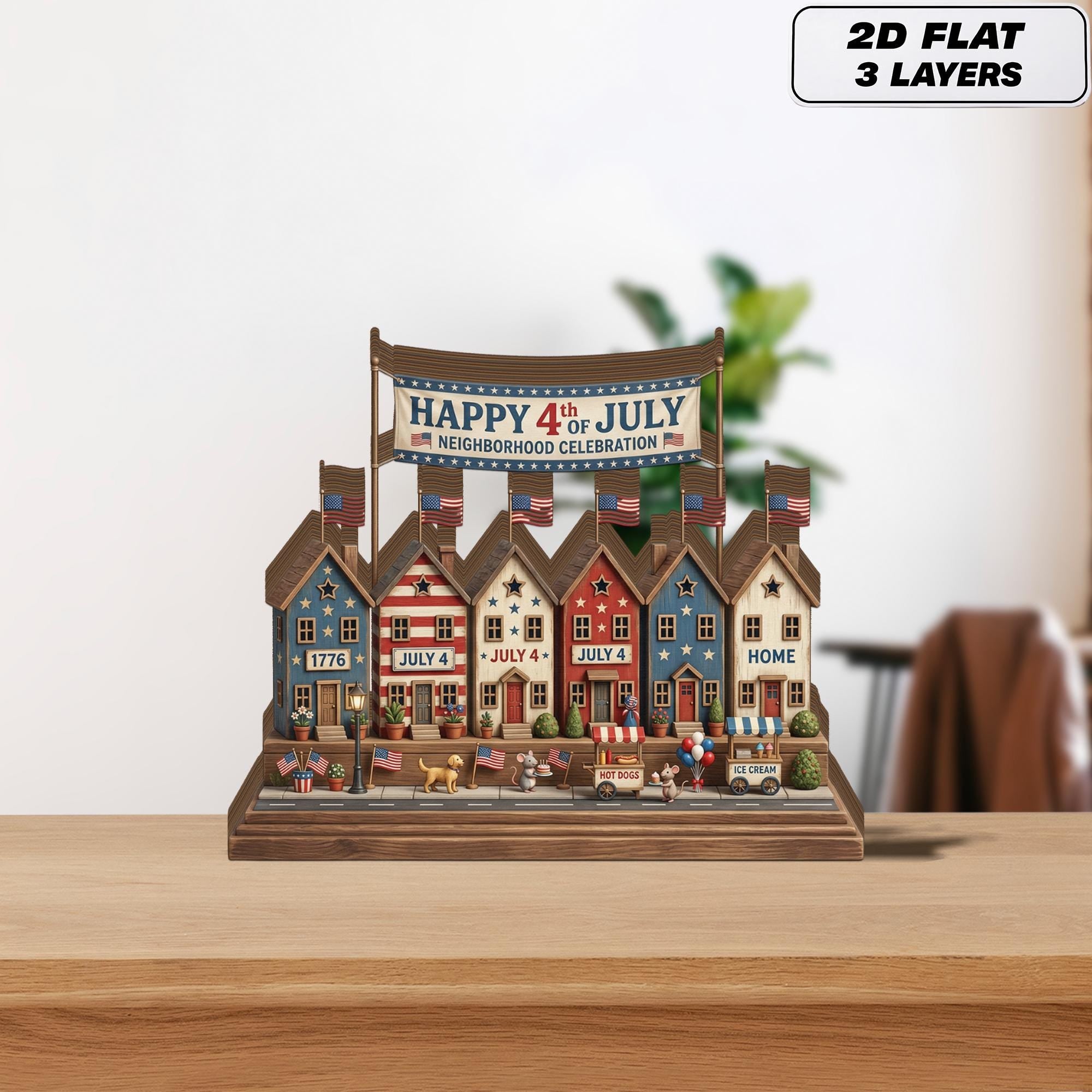 4th of July Village Display Wooden Block, 250th Anniversary Americana Home Decor, Independence Day Shelf Sign