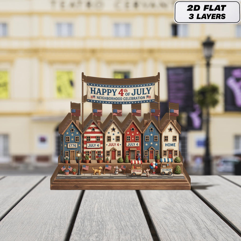 4th of July Village Display Wooden Block, 250th Anniversary Americana Home Decor, Independence Day Shelf Sign