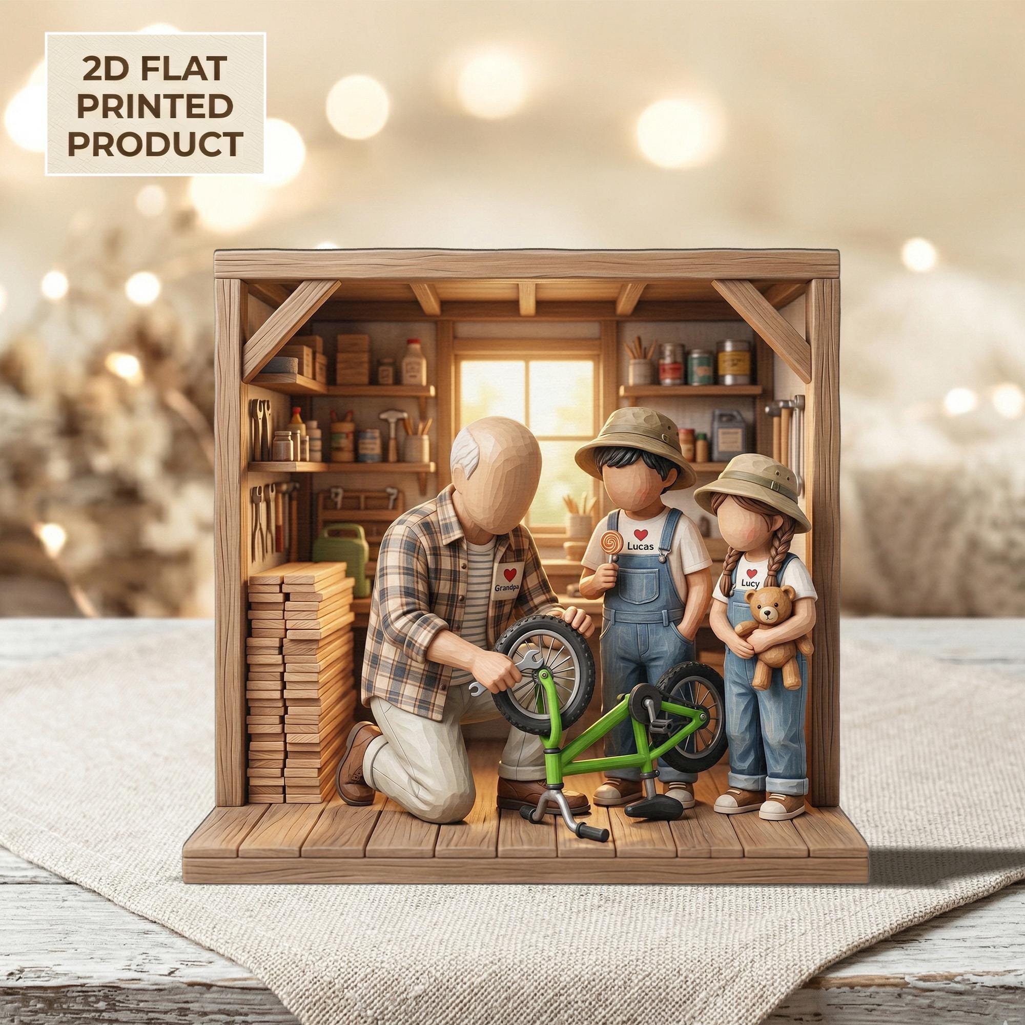 Fathers Day 2D FLAT Wooden Block Gift, Grandpa with Kids Workshop Scene,Personalized Family Keepsake,Custom Name Wood Decor,Gift for Grandpa