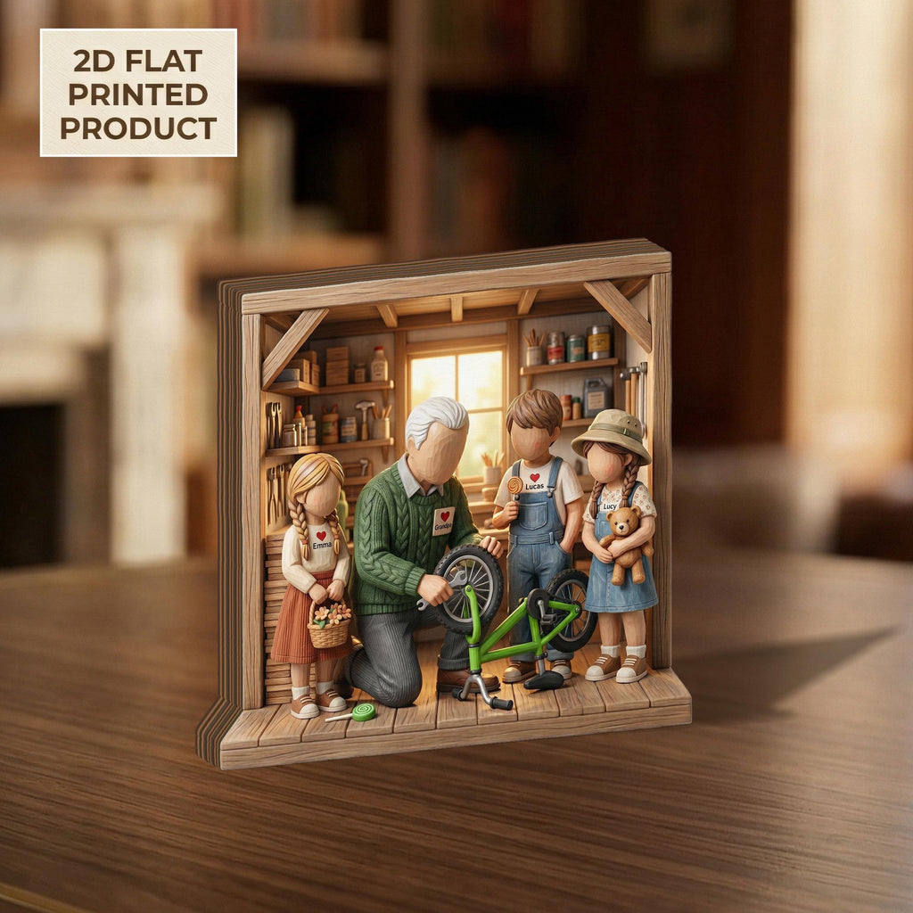 Fathers Day 2D FLAT Wooden Block Gift, Grandpa with Kids Workshop Scene,Personalized Family Keepsake,Custom Name Wood Decor,Gift for Grandpa