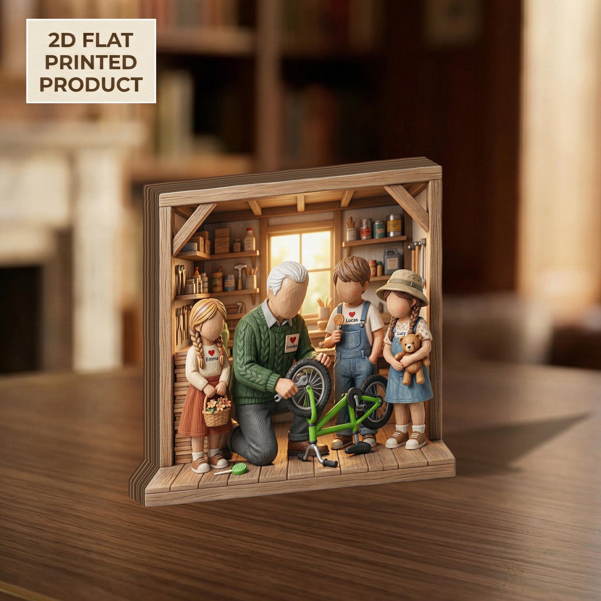 Fathers Day 2D FLAT Wooden Block Gift, Grandpa with Kids Workshop Scene,Personalized Family Keepsake,Custom Name Wood Decor,Gift for Grandpa