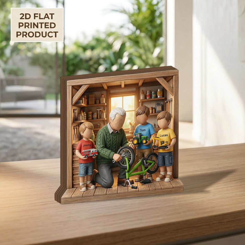 Fathers Day 2D FLAT Wooden Block Gift, Grandpa with Kids Workshop Scene,Personalized Family Keepsake,Custom Name Wood Decor,Gift for Grandpa