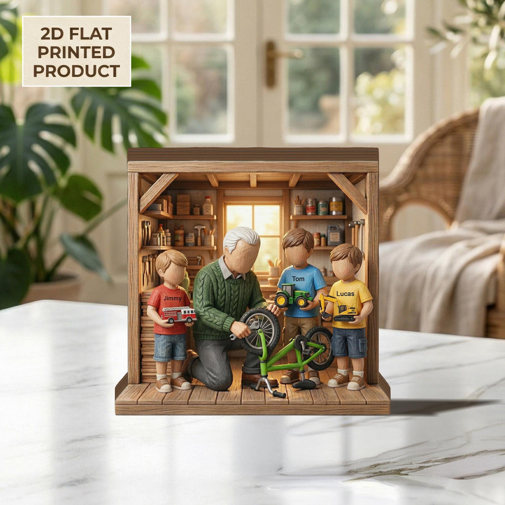 Fathers Day 2D FLAT Wooden Block Gift, Grandpa with Kids Workshop Scene,Personalized Family Keepsake,Custom Name Wood Decor,Gift for Grandpa