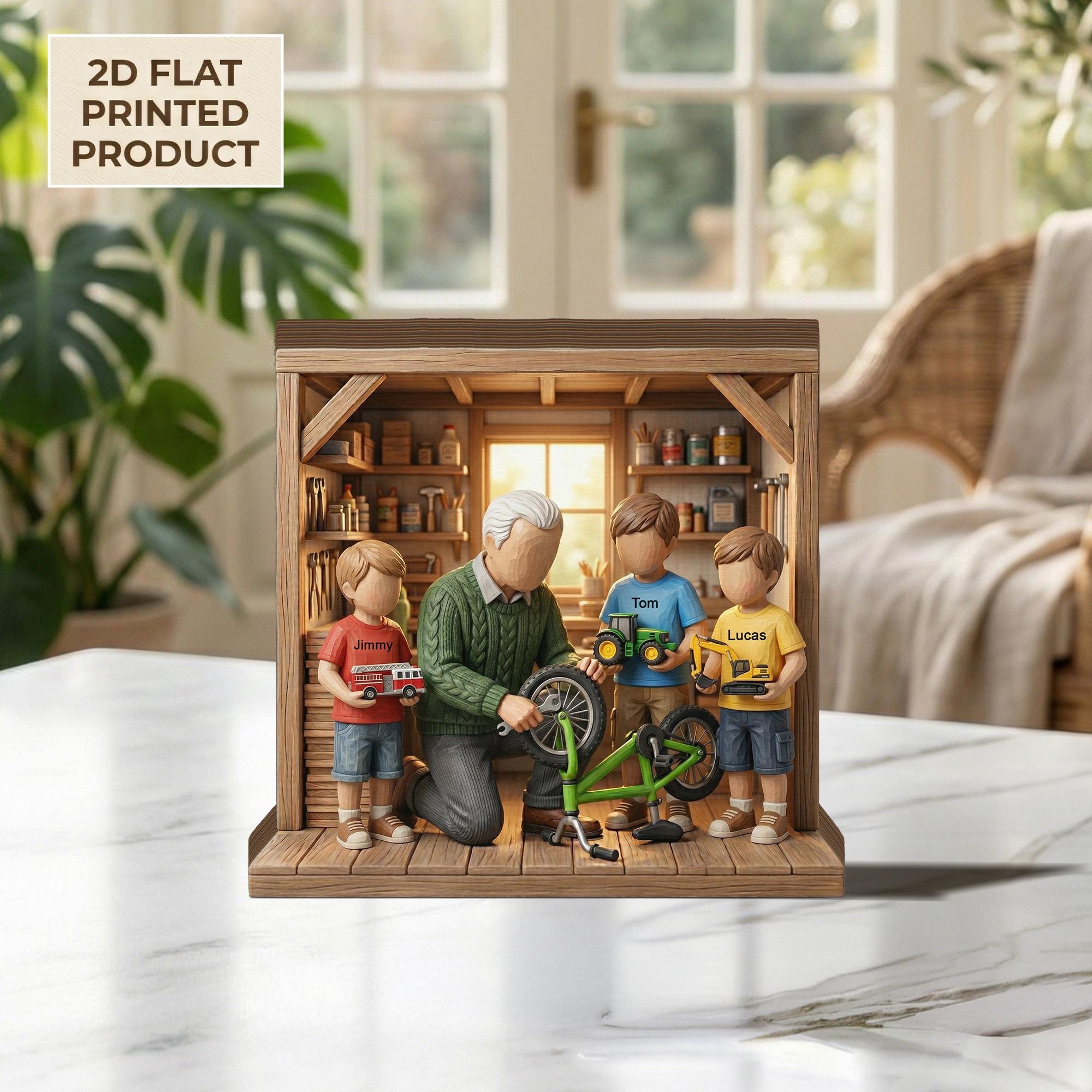 Fathers Day 2D FLAT Wooden Block Gift, Grandpa with Kids Workshop Scene,Personalized Family Keepsake,Custom Name Wood Decor,Gift for Grandpa