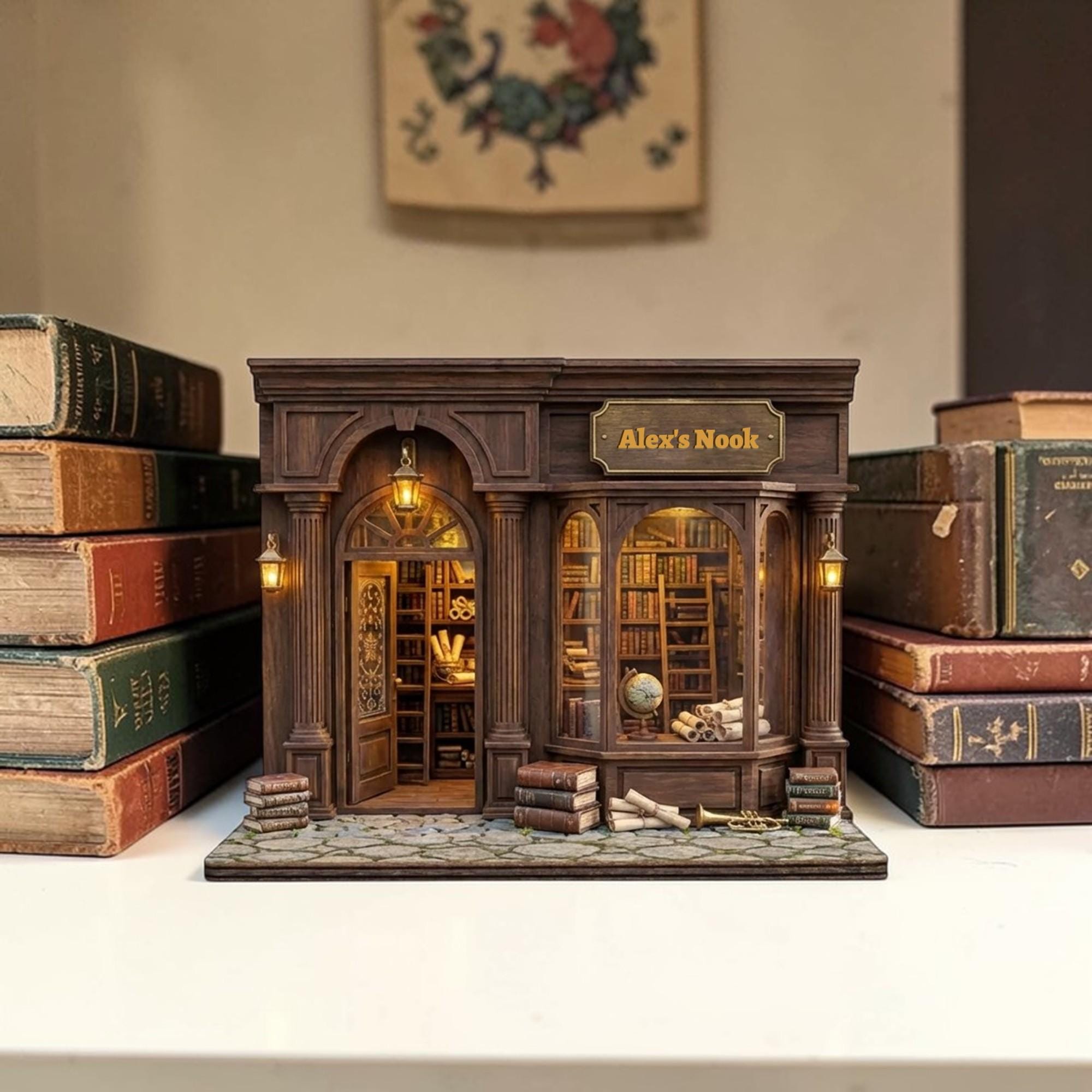 Custom Name Bookstore Nook Wooden Block - Vintage Library Table Decor- Bookshelf Decor Gift