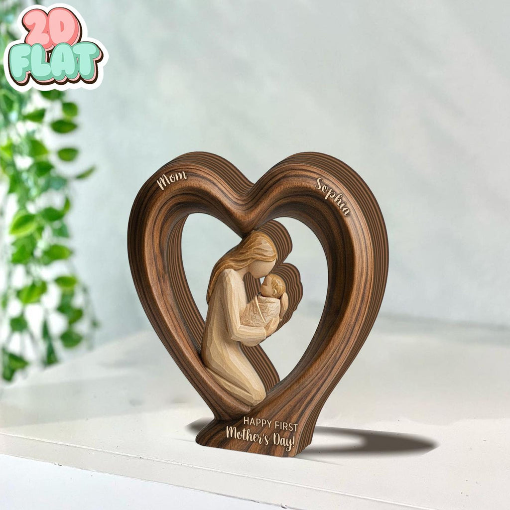 First Mothers Day 2D FLAT Wooden Block Gift, Personalized Mom and Baby Keepsake, Heart Shape Wood Sculpture, New Mom Gift, Custom Name Decor