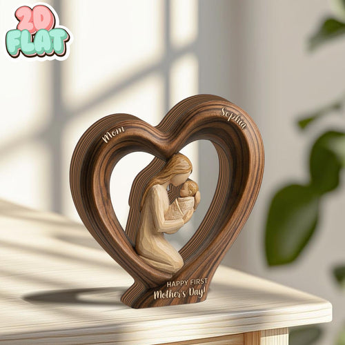 First Mothers Day 2D FLAT Wooden Block Gift, Personalized Mom and Baby Keepsake, Heart Shape Wood Sculpture, New Mom Gift, Custom Name Decor