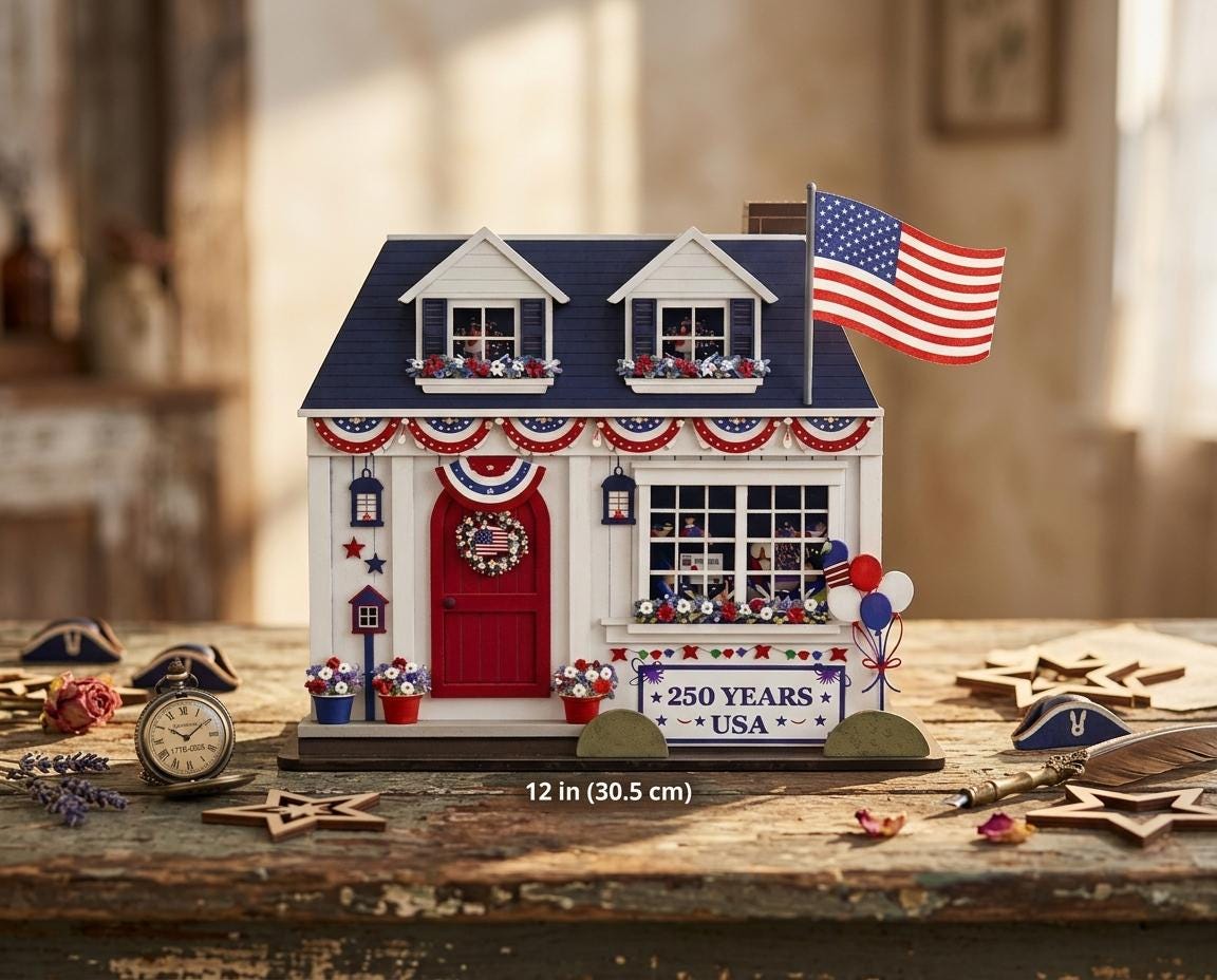 Personalized Wooden House Block – USA 250th Anniversary Patriotic Decor