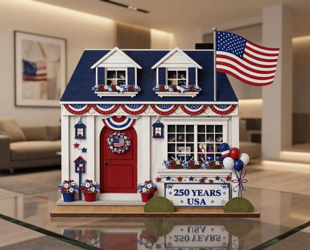 Personalized Wooden House Block – USA 250th Anniversary Patriotic Decor