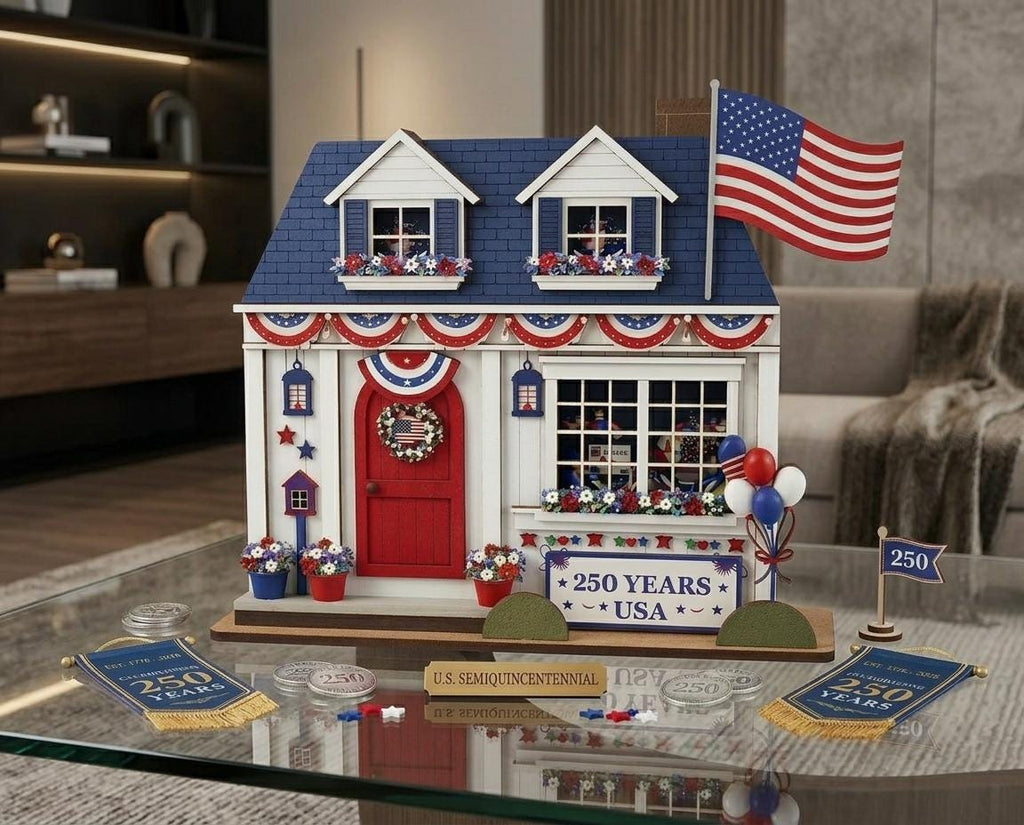 Personalized Wooden House Block – USA 250th Anniversary Patriotic Decor