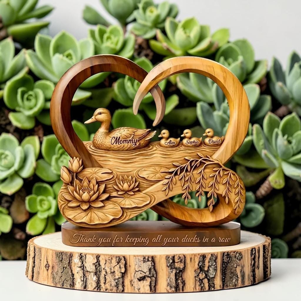 Custom Name Duckling Infinity Heart 2D Acrylic Wooden Block - Wood Look MomGift