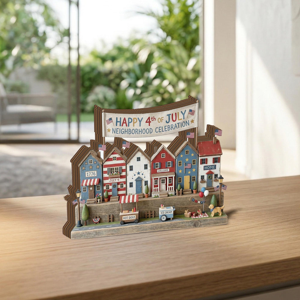 Patriotic 2D FLAT Wooden Block Decor, 4th of July Village Display, Americana Home Decor, Independence Day Shelf Sign, Mini House Scene