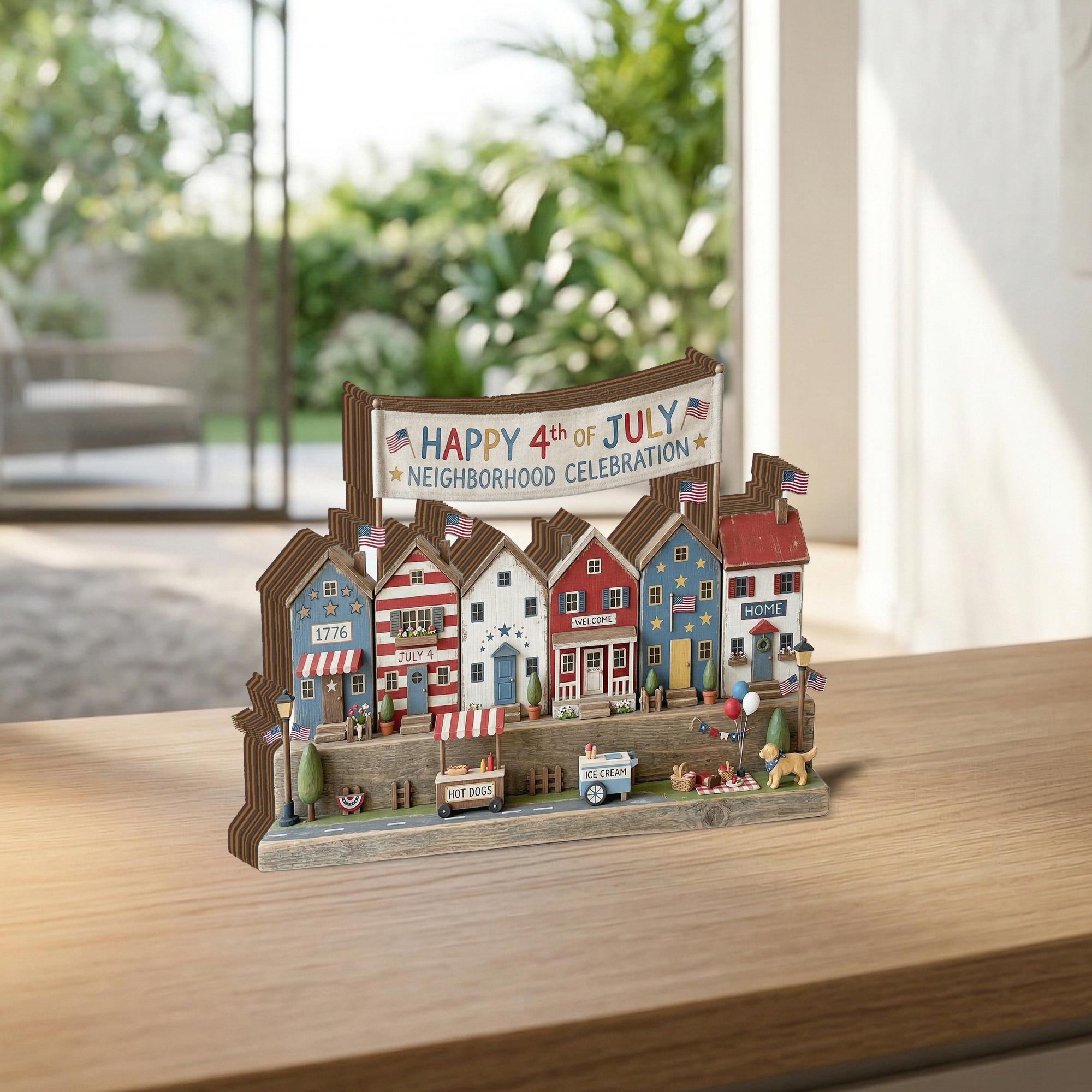 Patriotic 2D FLAT Wooden Block Decor, 4th of July Village Display, Americana Home Decor, Independence Day Shelf Sign, Mini House Scene