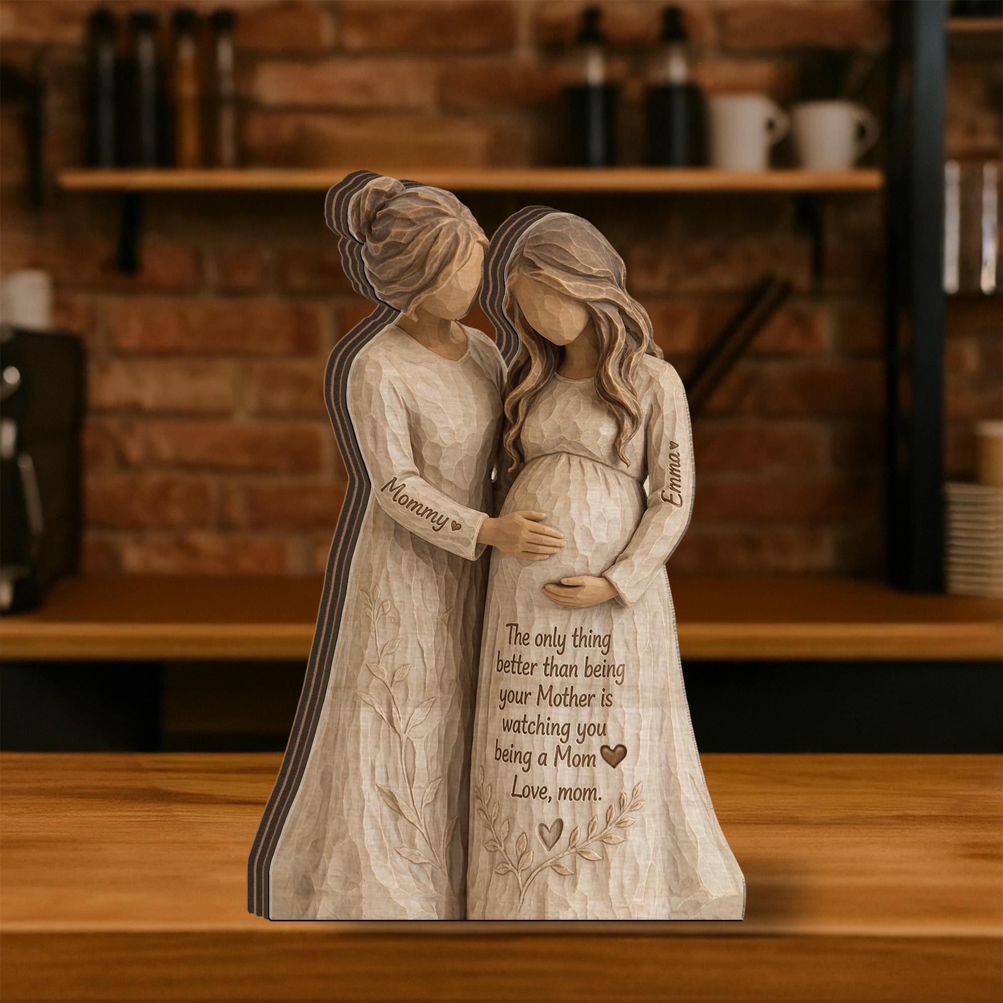 Personalized Wooden Block, Pregnant Mom Figurine, Mother and Daughter Sculpture, Custom Names, Mother's Day Decor