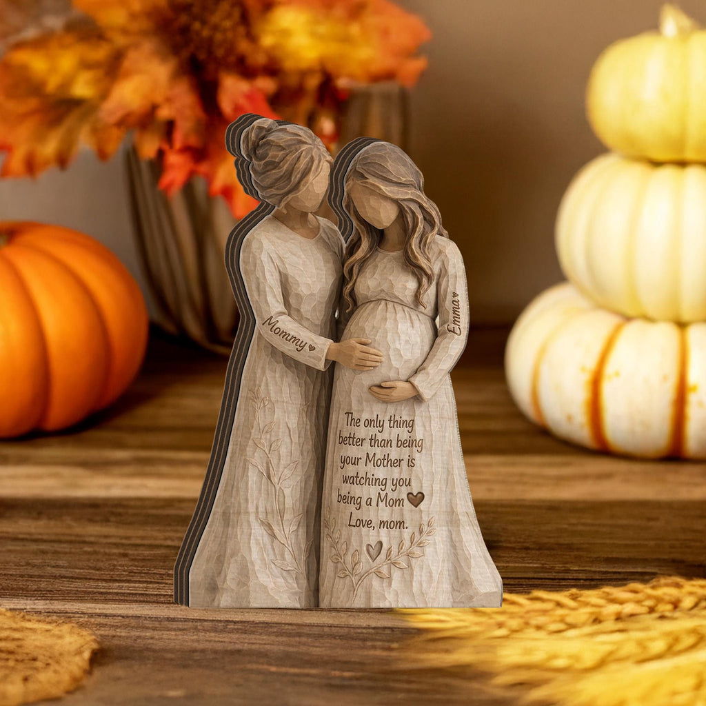 Personalized Wooden Block, Pregnant Mom Figurine, Mother and Daughter Sculpture, Custom Names, Mother's Day Decor