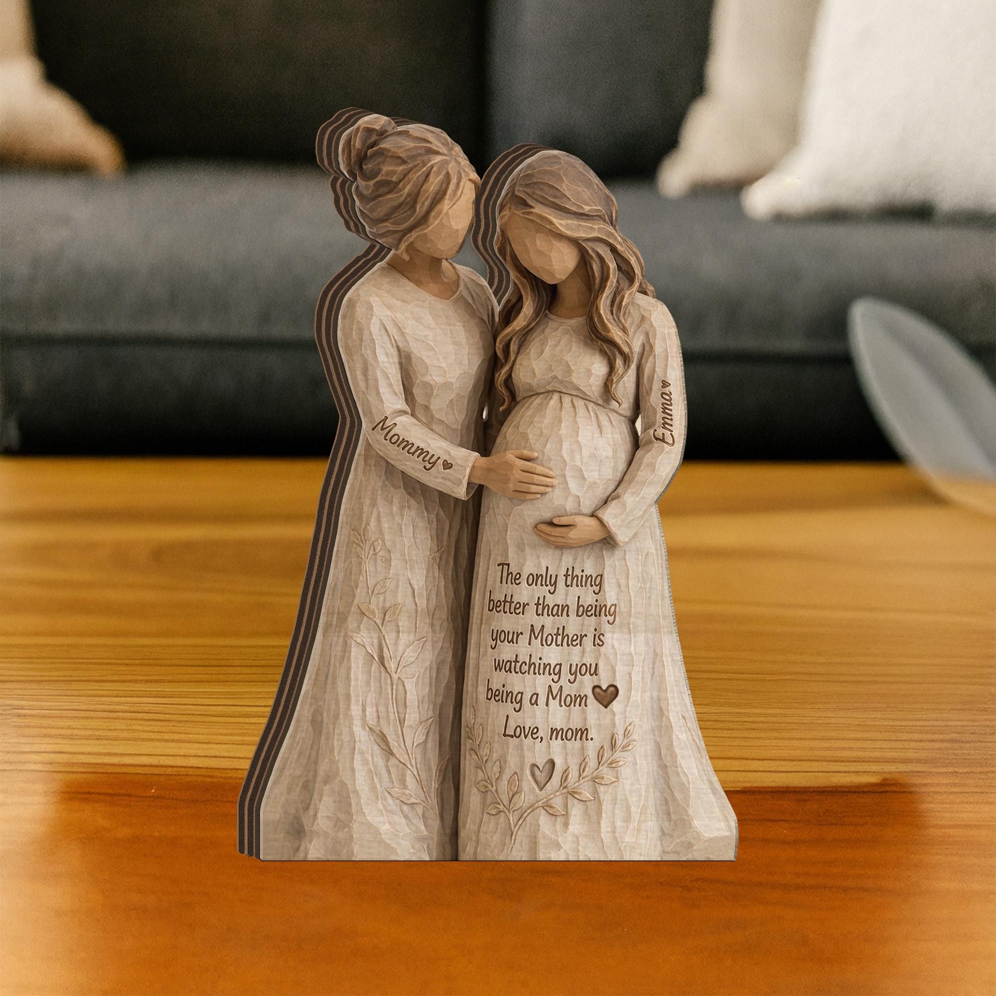 Personalized Wooden Block, Pregnant Mom Figurine, Mother and Daughter Sculpture, Custom Names, Mother's Day Decor