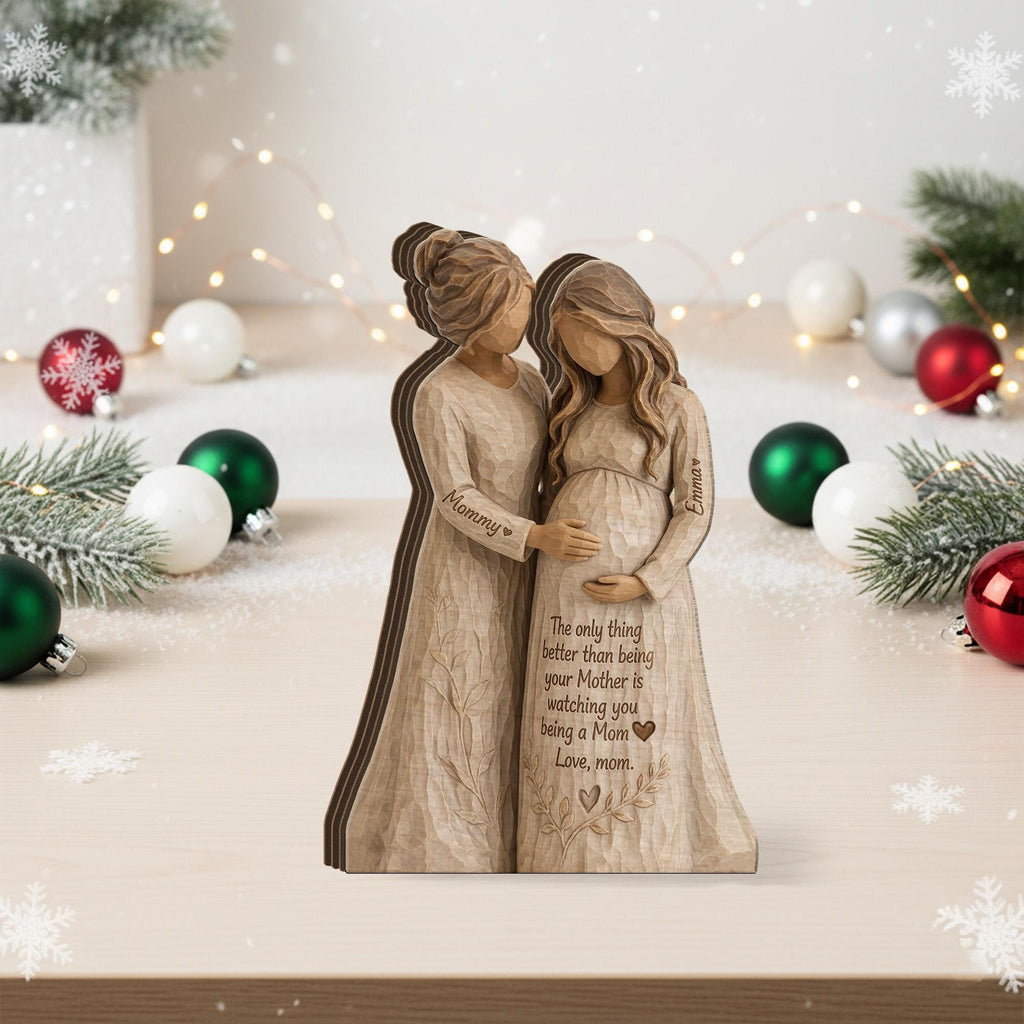 Personalized Wooden Block, Pregnant Mom Figurine, Mother and Daughter Sculpture, Custom Names, Mother's Day Decor