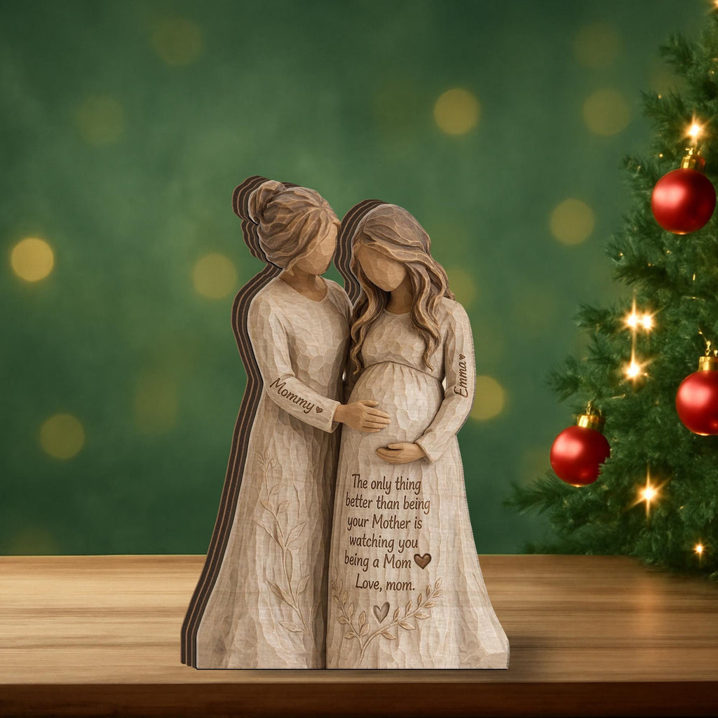 Personalized Wooden Block, Pregnant Mom Figurine, Mother and Daughter Sculpture, Custom Names, Mother's Day Decor