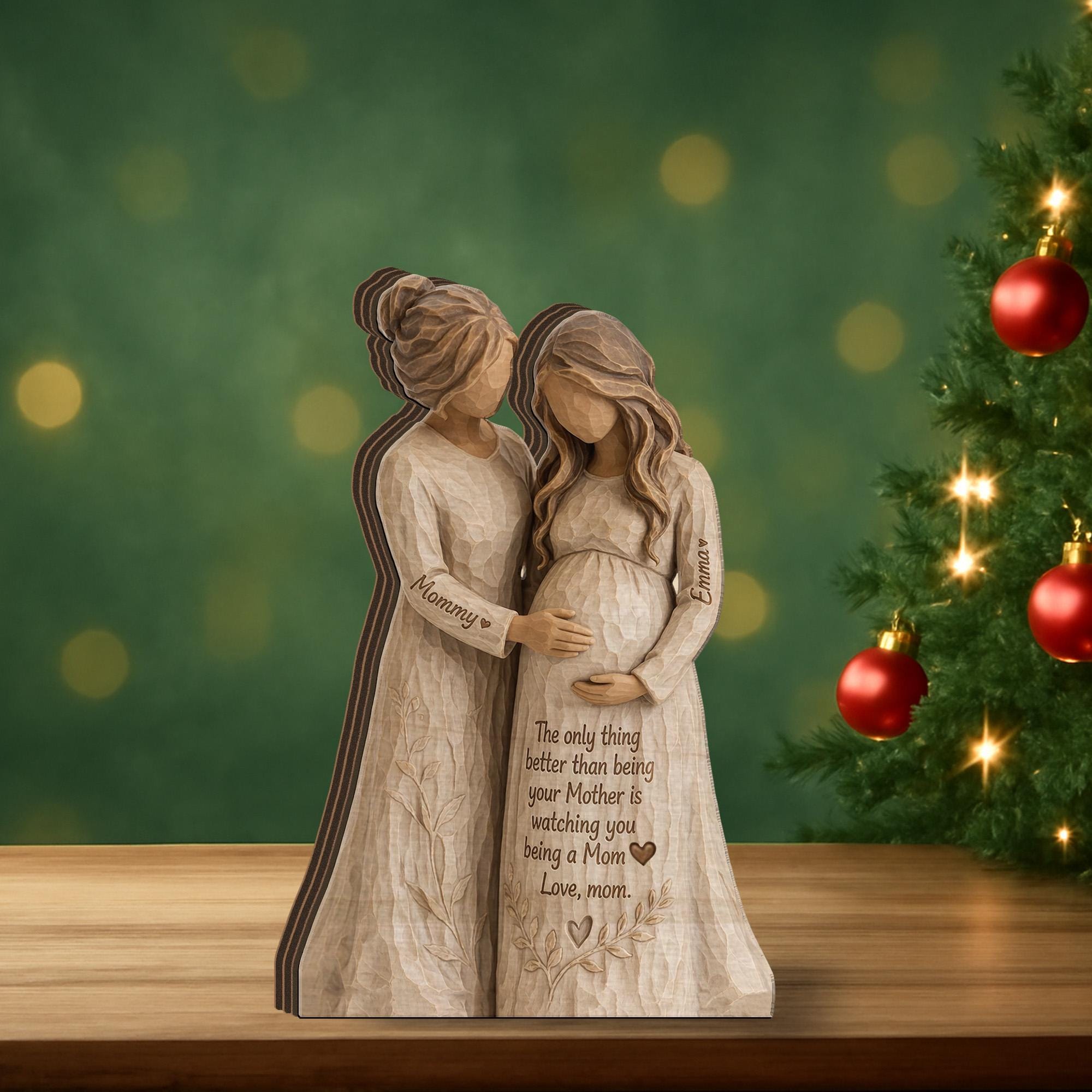 Personalized Wooden Block, Pregnant Mom Figurine, Mother and Daughter Sculpture, Custom Names, Mother's Day Decor