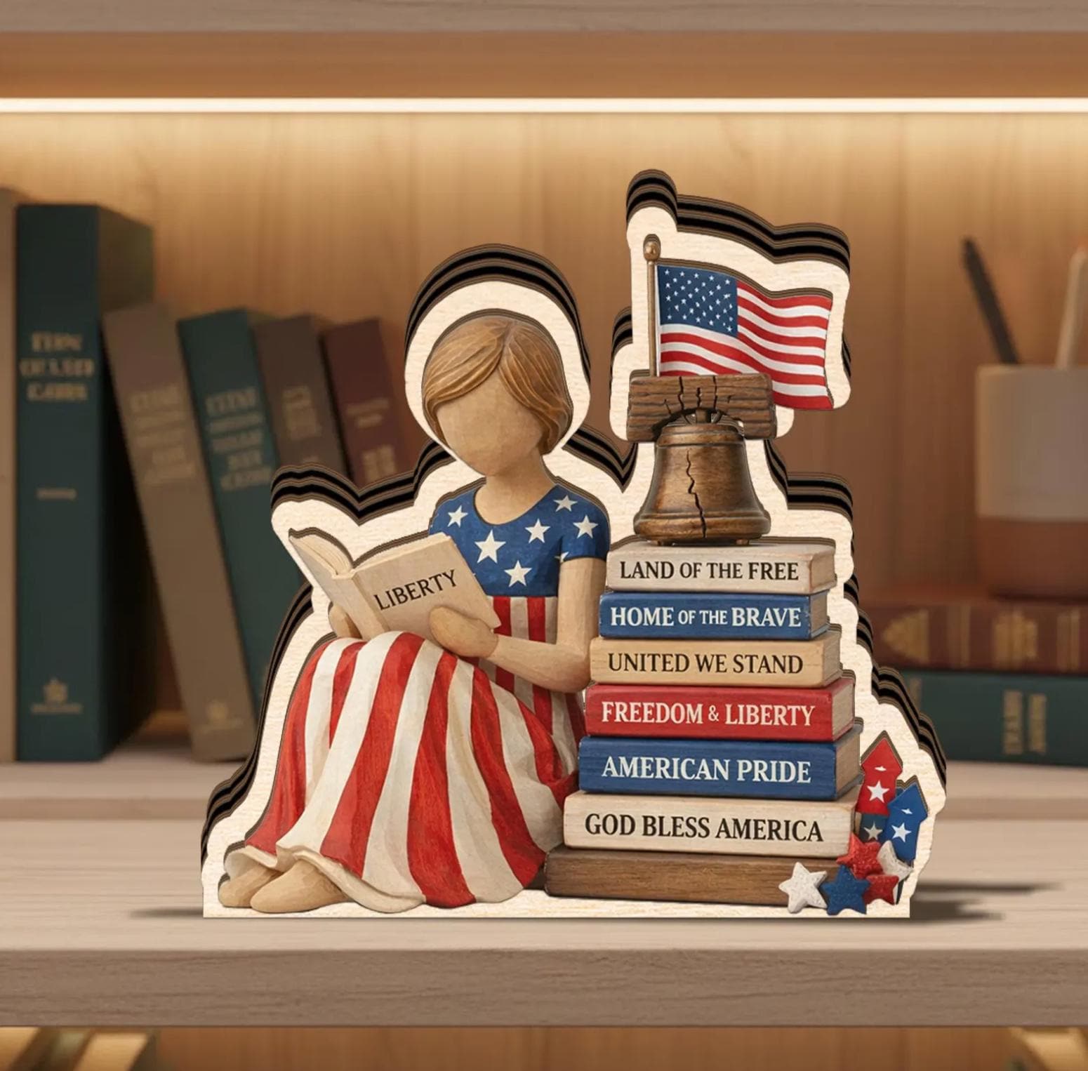 Patriotic Wooden Block Decor, American Girl Reading Liberty Books, 4th of July Shelf Sign, USA Flag Statue Display, Freedom Gift