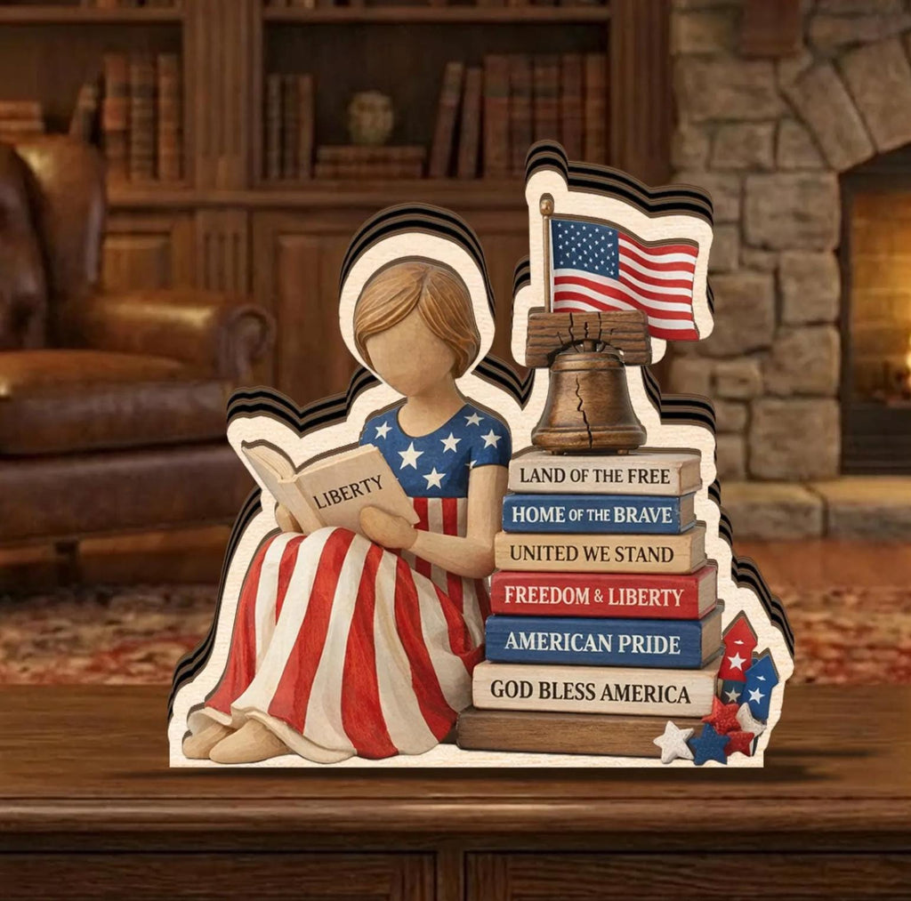 Patriotic Wooden Block Decor, American Girl Reading Liberty Books, 4th of July Shelf Sign, USA Flag Statue Display, Freedom Gift