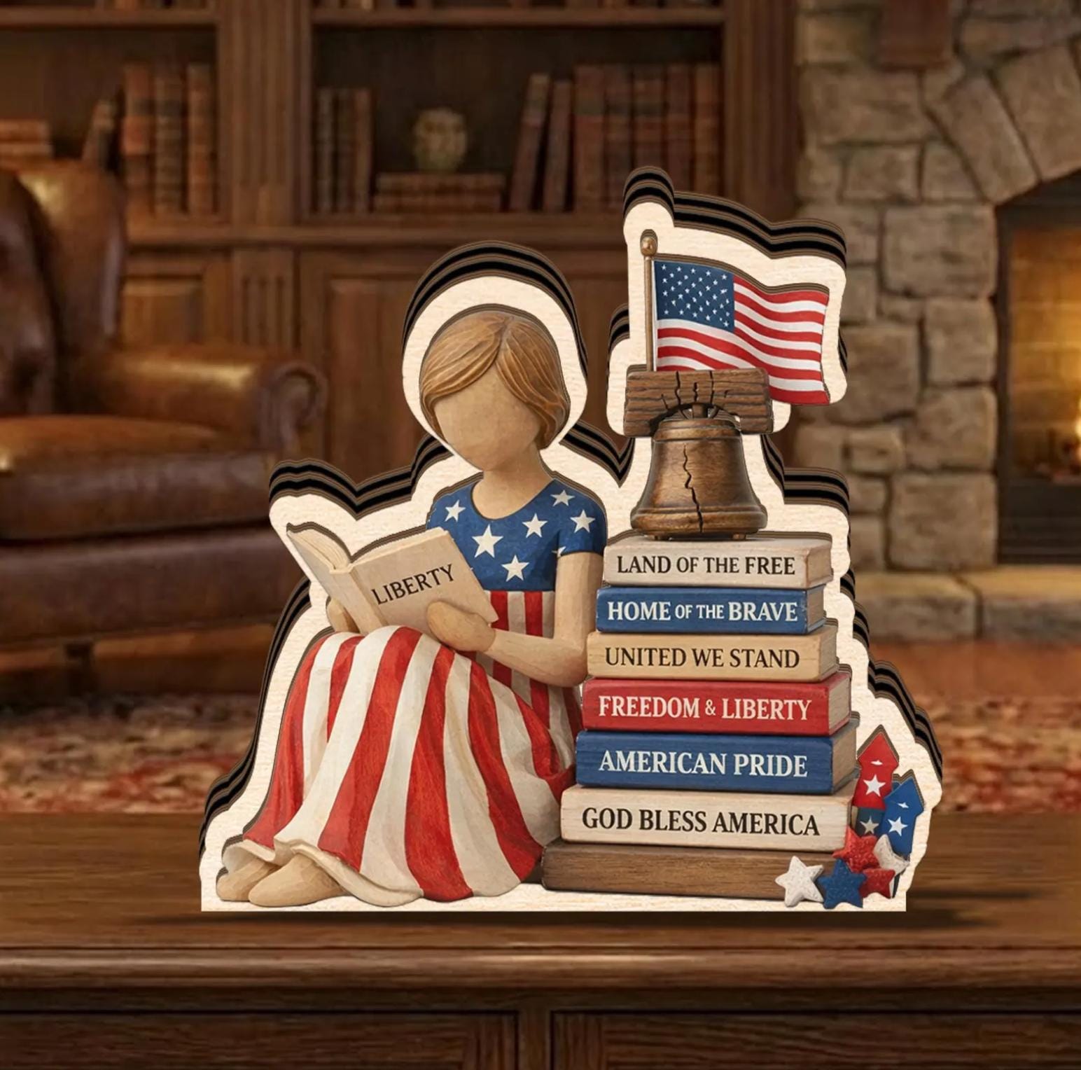 Patriotic Wooden Block Decor, American Girl Reading Liberty Books, 4th of July Shelf Sign, USA Flag Statue Display, Freedom Gift