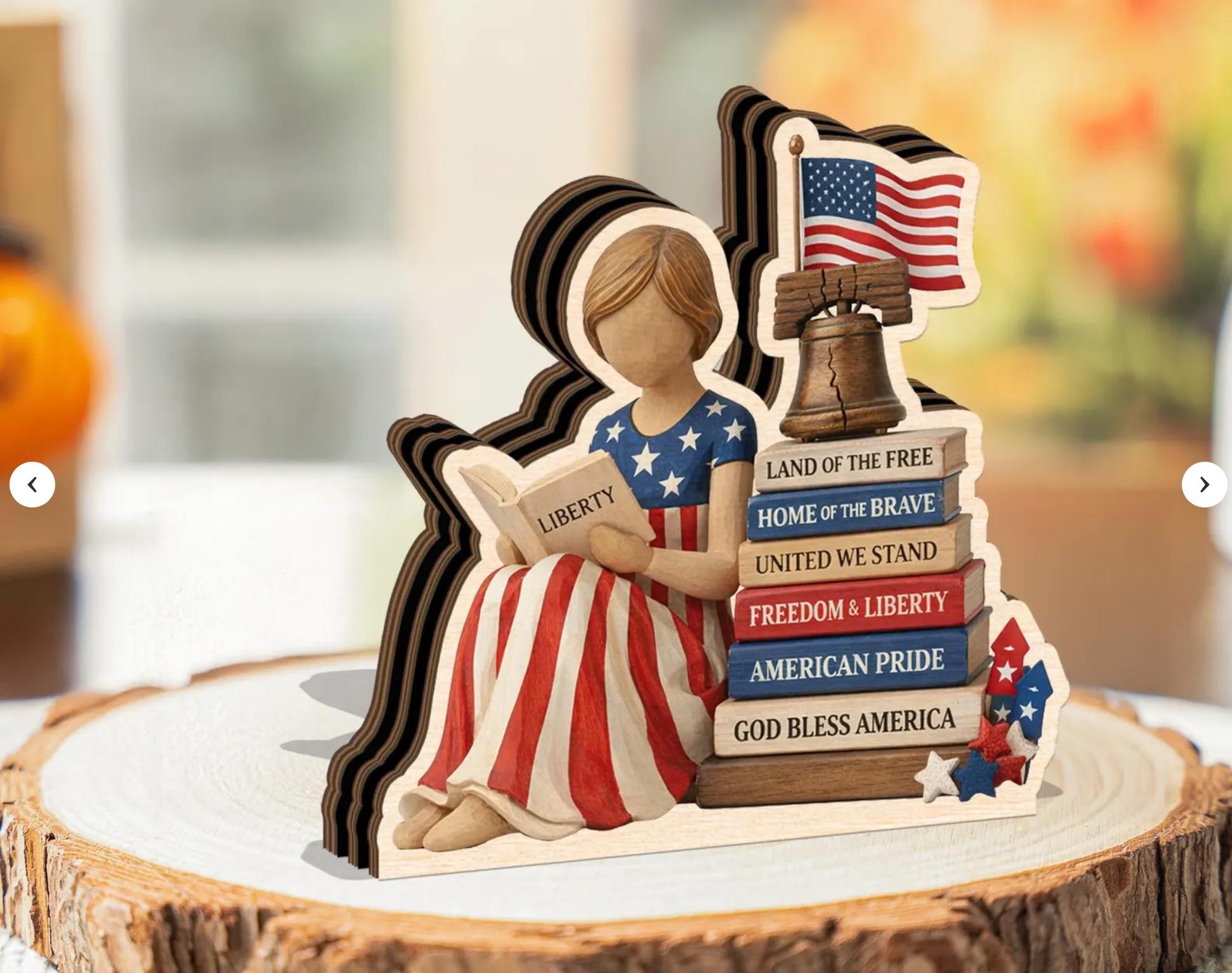 Patriotic Wooden Block Decor, American Girl Reading Liberty Books, 4th of July Shelf Sign, USA Flag Statue Display, Freedom Gift