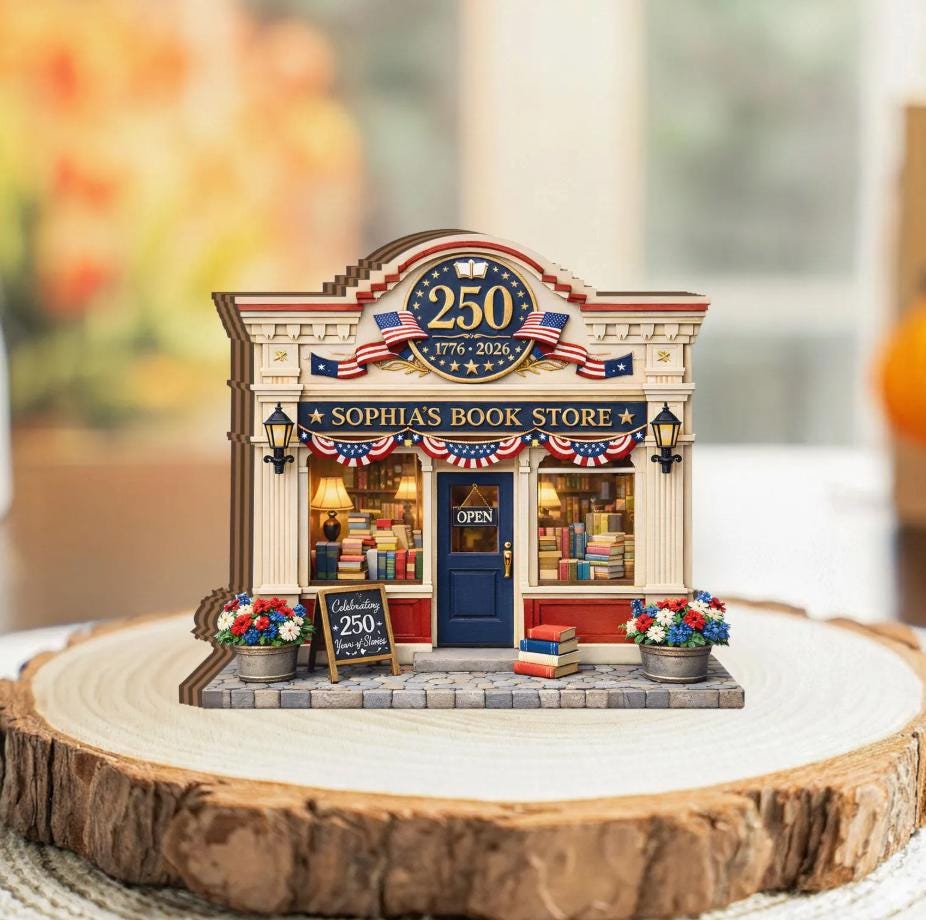 Personalized Bookstore Wooden Block, Custom Shop Name Decor, 250 Years Patriotic Gift, Mini Library Display, Book Lover Gift