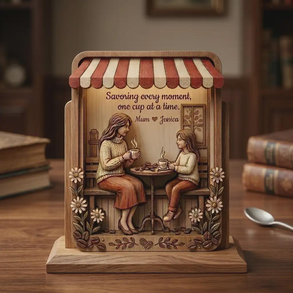Handcrafted Coffee Time Wood Diorama, Mom And Daughter Friendship Decor, Rustic Wooden Block Sign, Special Gift For Mother's Day