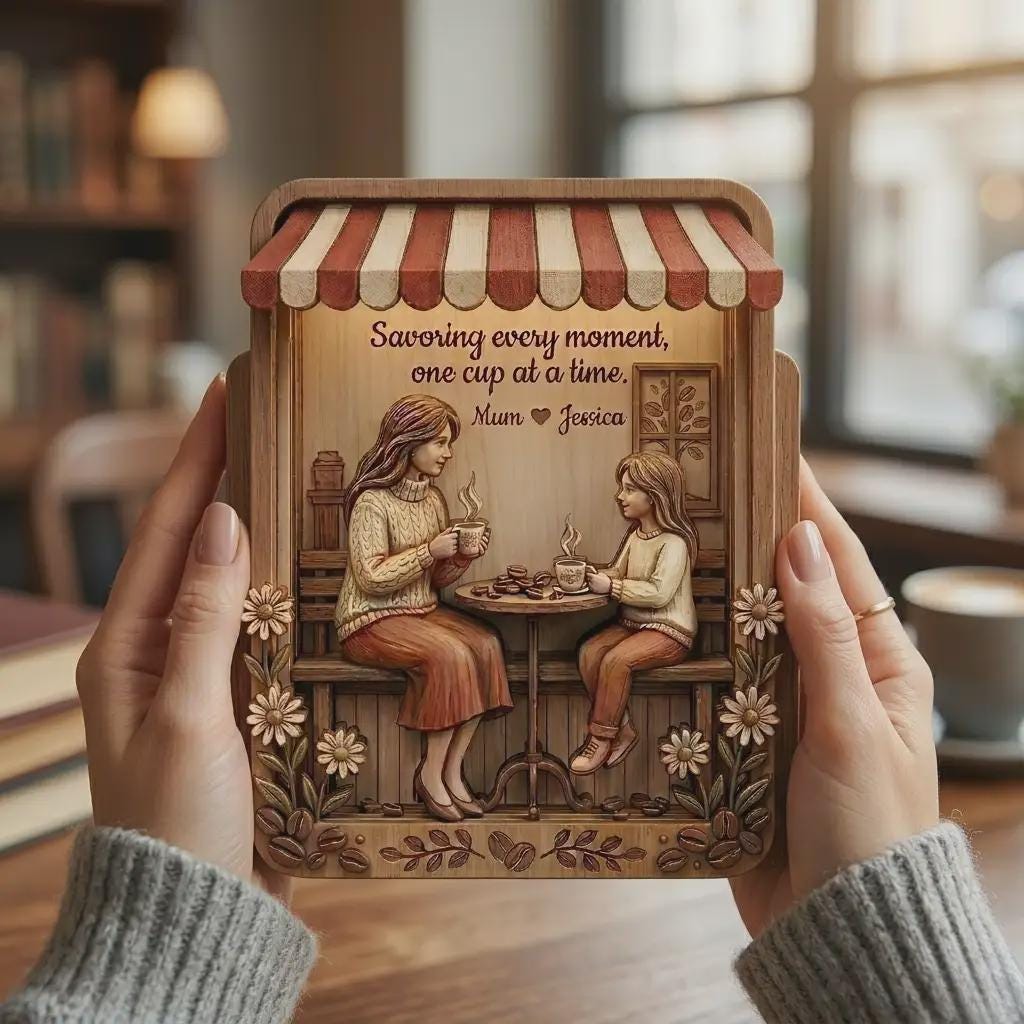 Handcrafted Coffee Time Wood Diorama, Mom And Daughter Friendship Decor, Rustic Wooden Block Sign, Special Gift For Mother's Day