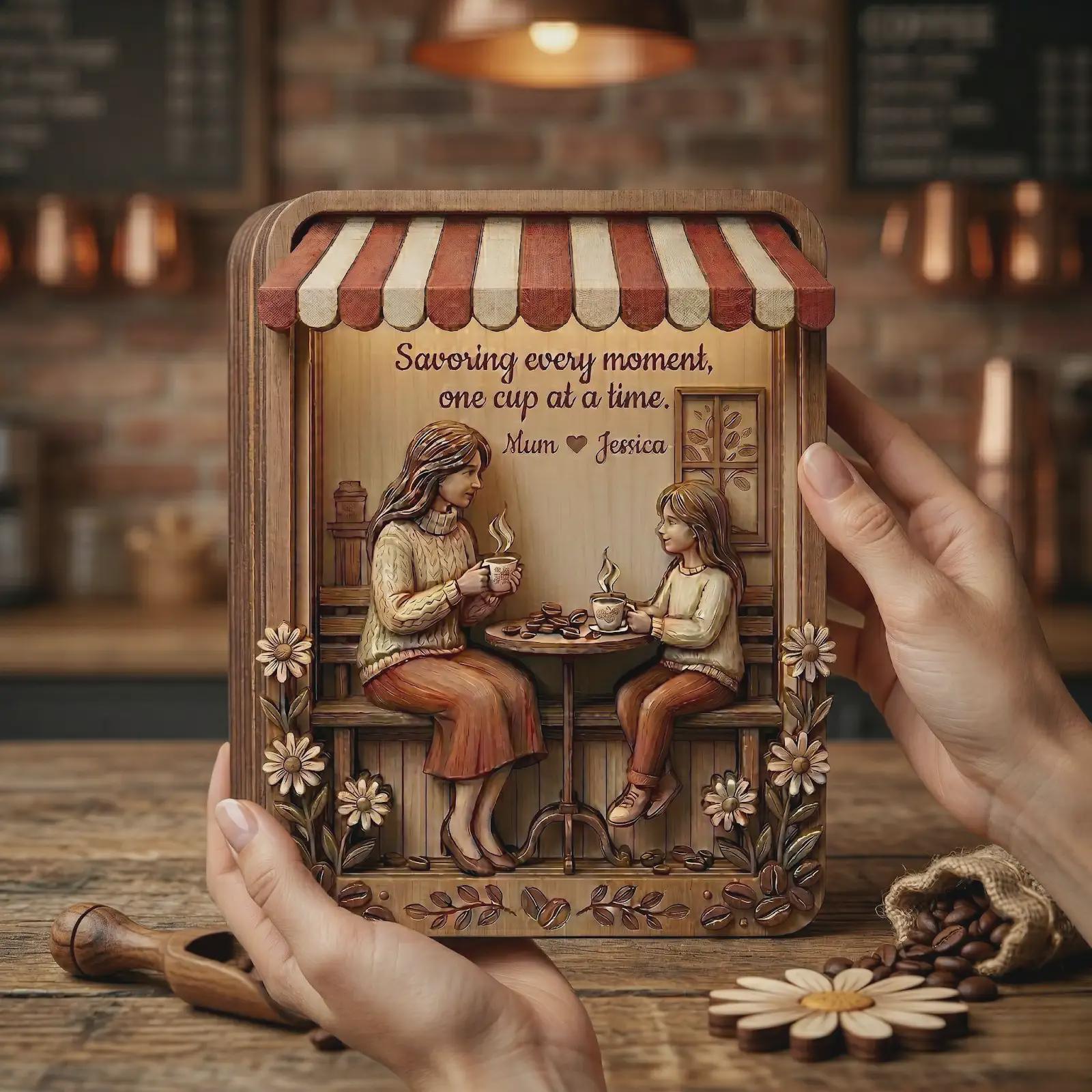 Handcrafted Coffee Time Wood Diorama, Mom And Daughter Friendship Decor, Rustic Wooden Block Sign, Special Gift For Mother's Day