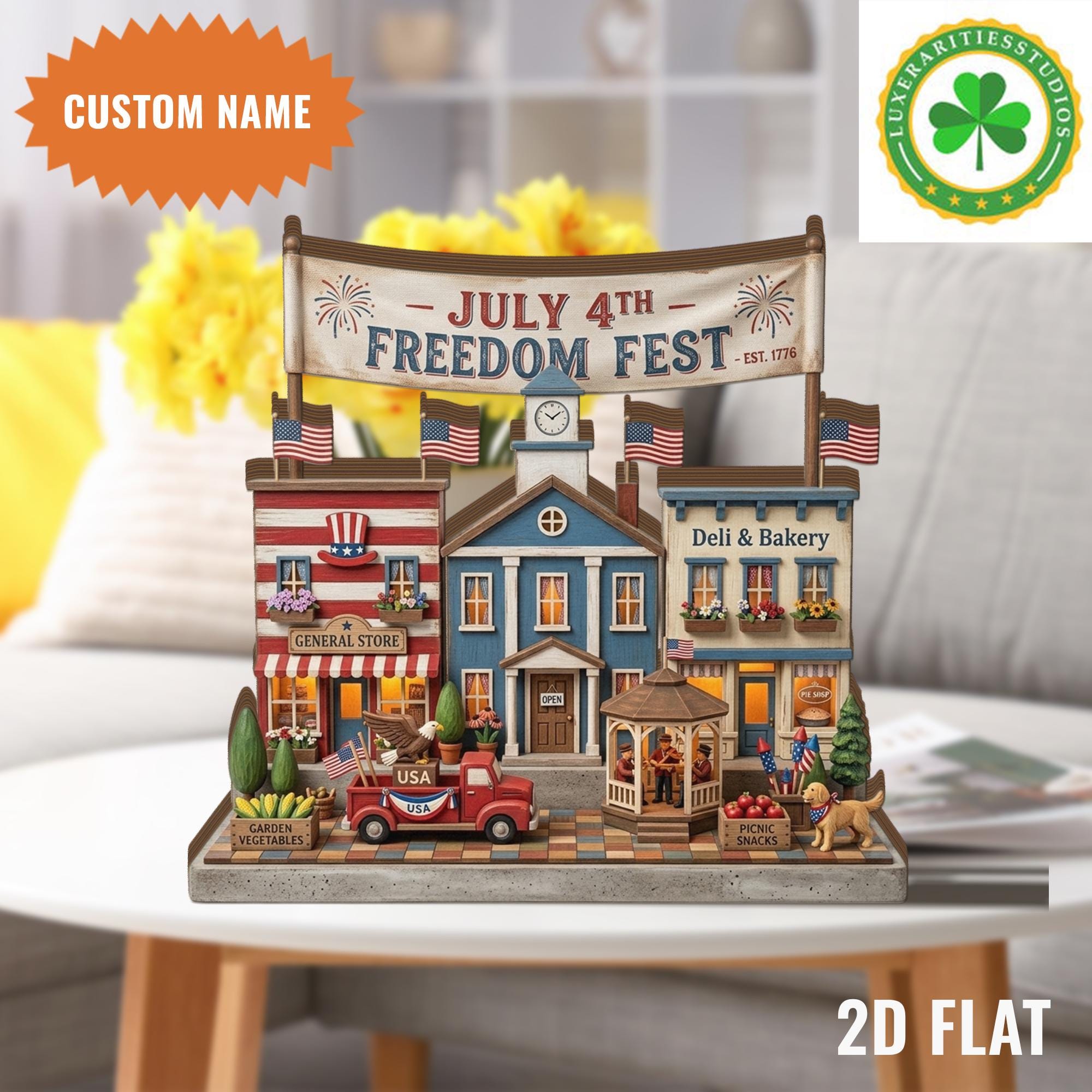 Personalized Patriotic Village Wooden Block, Americana Home Decor, Independence Day Shelf Sign, 4th of July Decor