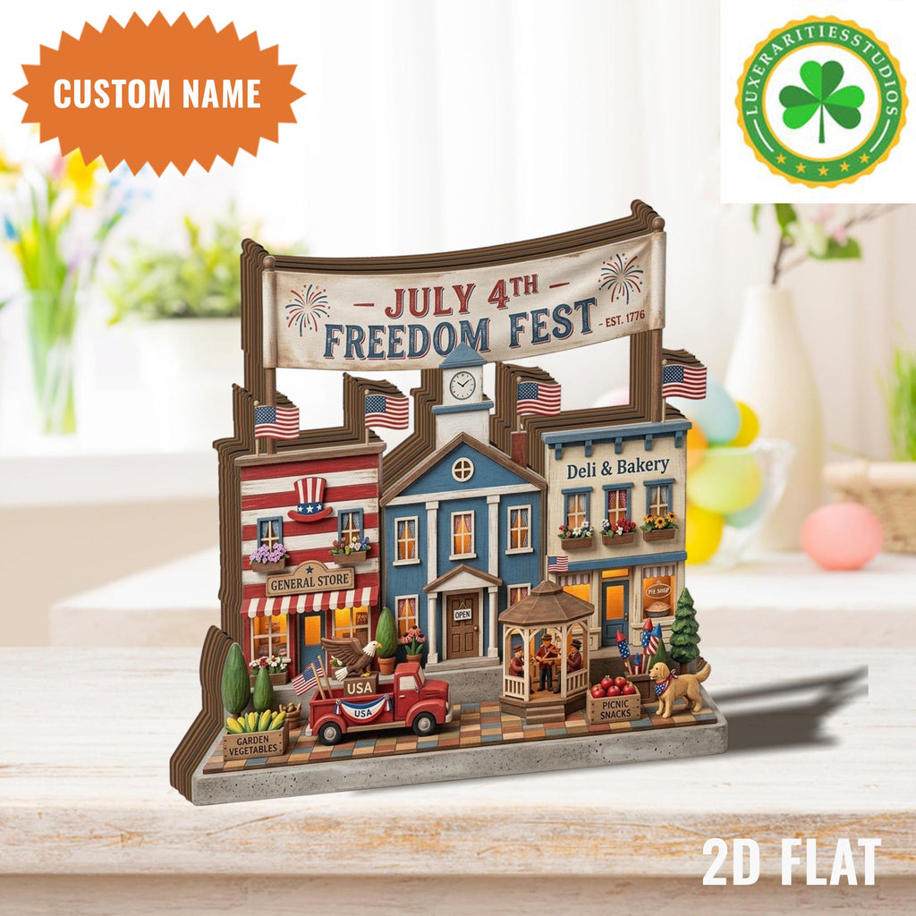 Personalized Patriotic Village Wooden Block, Americana Home Decor, Independence Day Shelf Sign, 4th of July Decor
