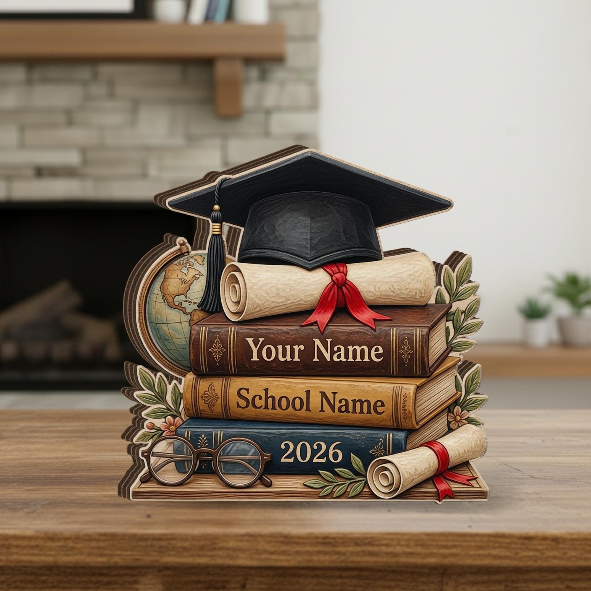 Personalized Graduation Wooden Block, Stack of Books, Cap & Diploma, 2026