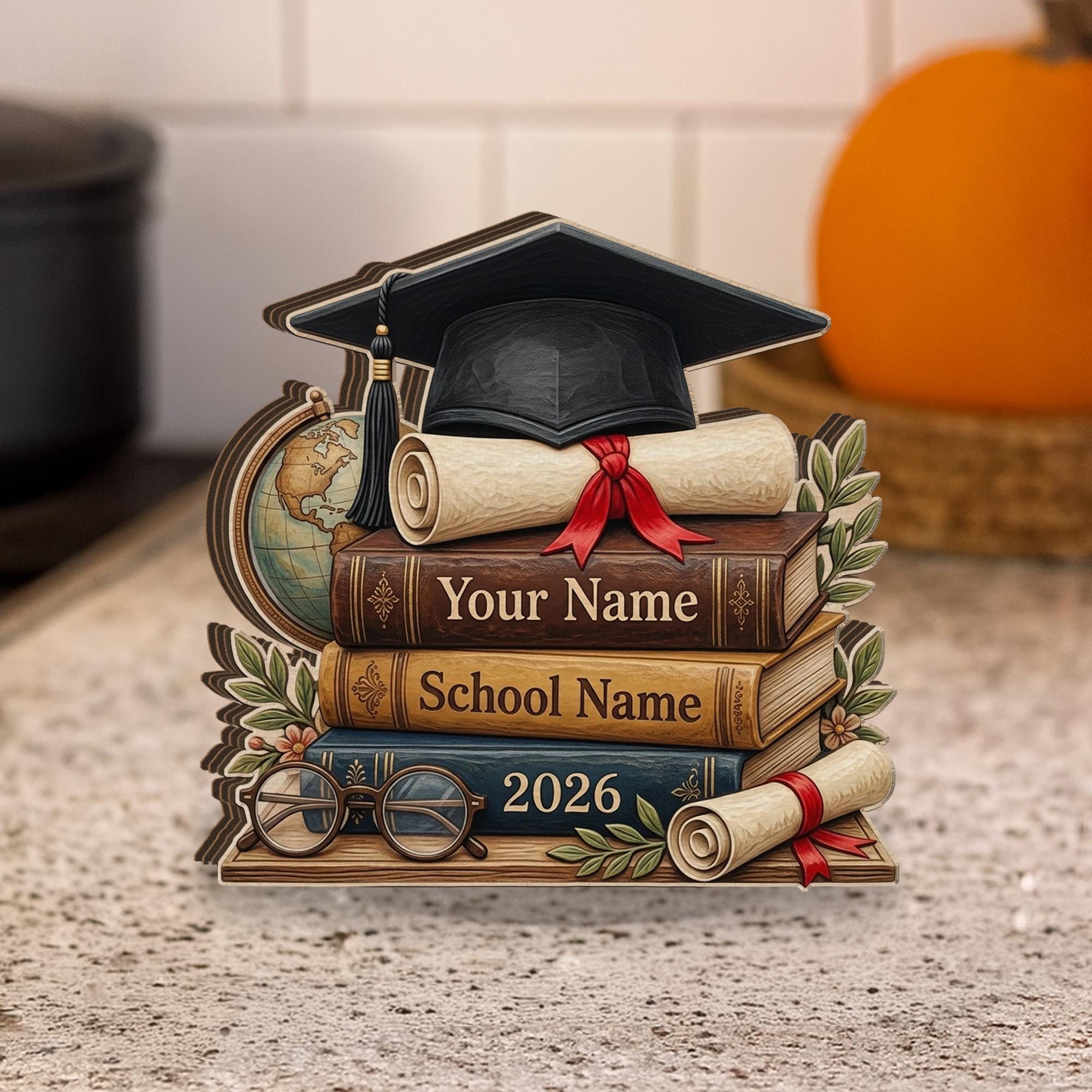 Personalized Graduation Wooden Block, Stack of Books, Cap & Diploma, 2026