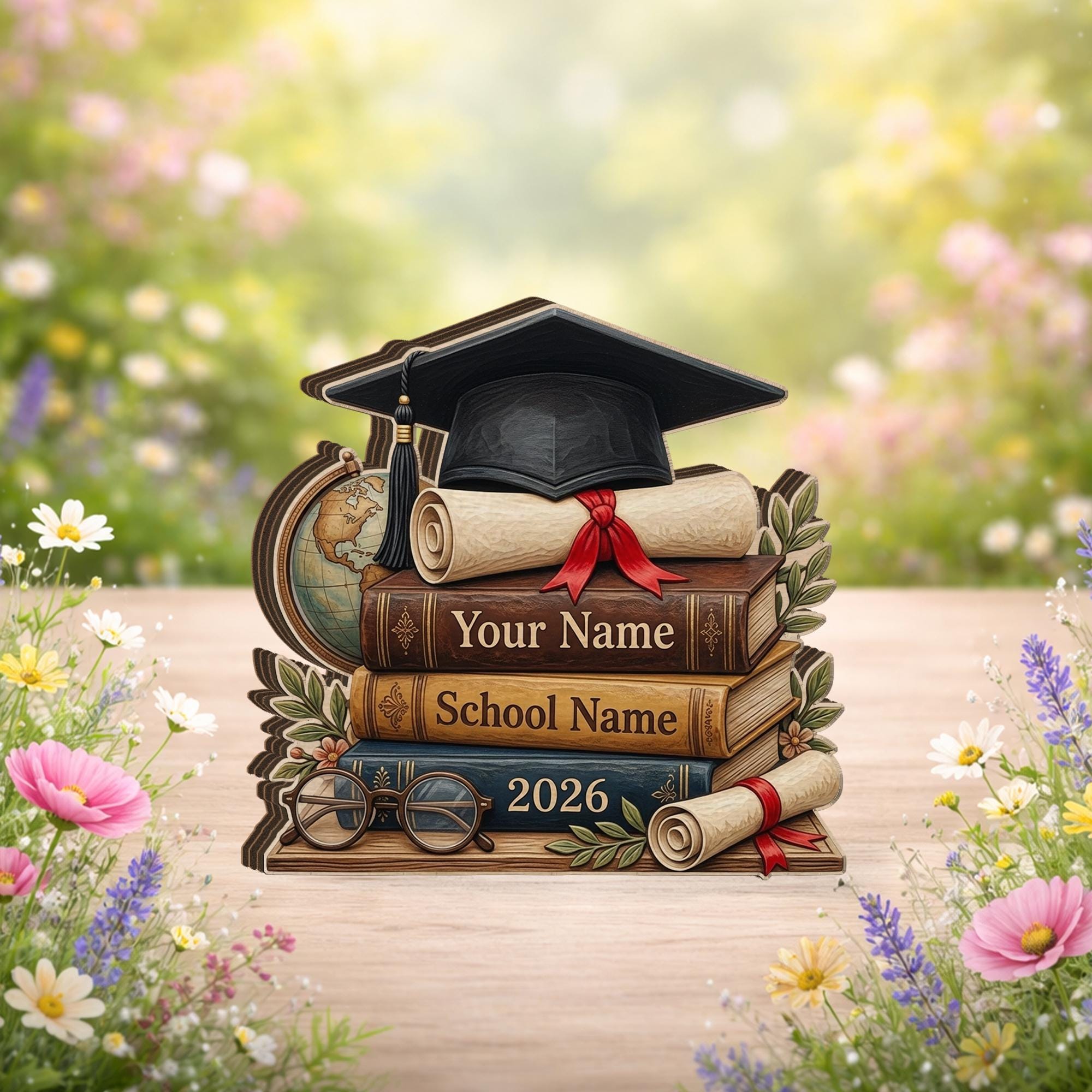 Personalized Graduation Wooden Block, Stack of Books, Cap & Diploma, 2026
