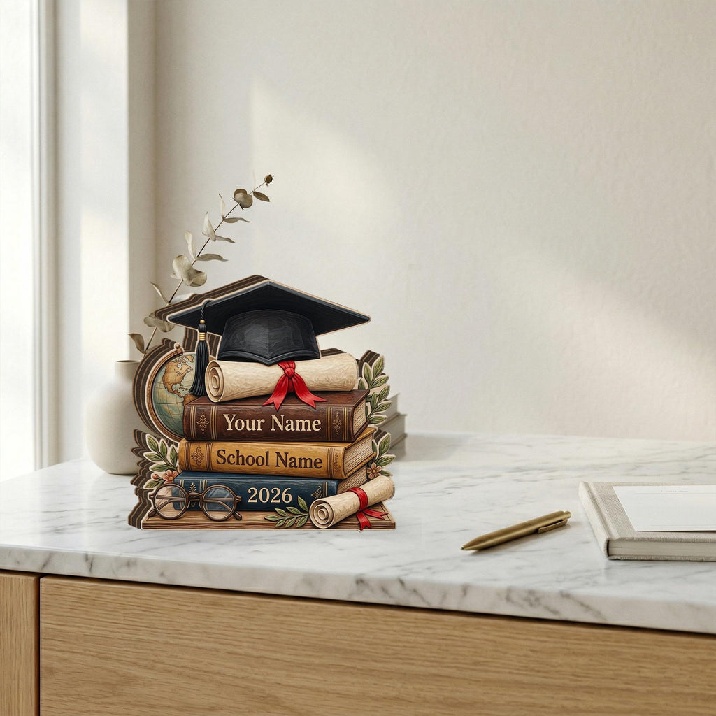 Personalized Graduation Wooden Block, Stack of Books, Cap & Diploma, 2026
