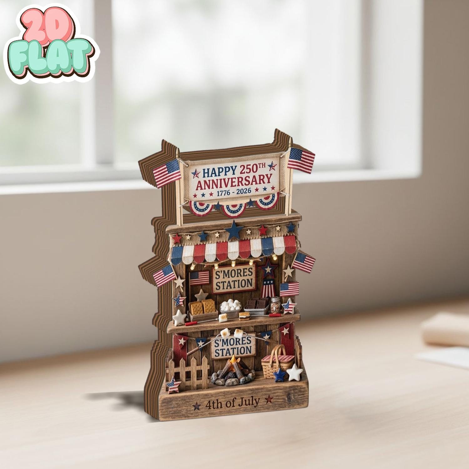 Patriotic Smores Station 2D FLAT Wooden Block, 4th of July Decor, USA Celebration Display, Independence Day Party Decor, Summer Centerpiece