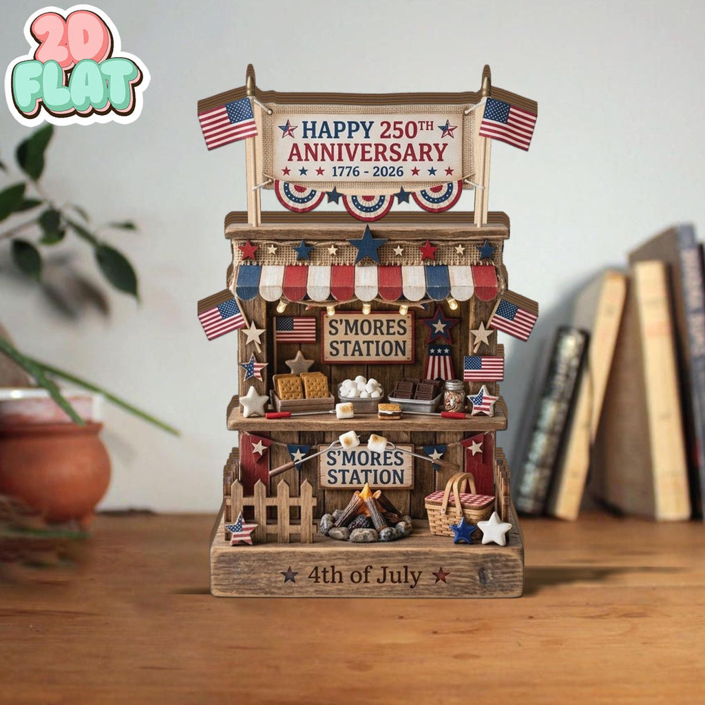 Patriotic Smores Station 2D FLAT Wooden Block, 4th of July Decor, USA Celebration Display, Independence Day Party Decor, Summer Centerpiece
