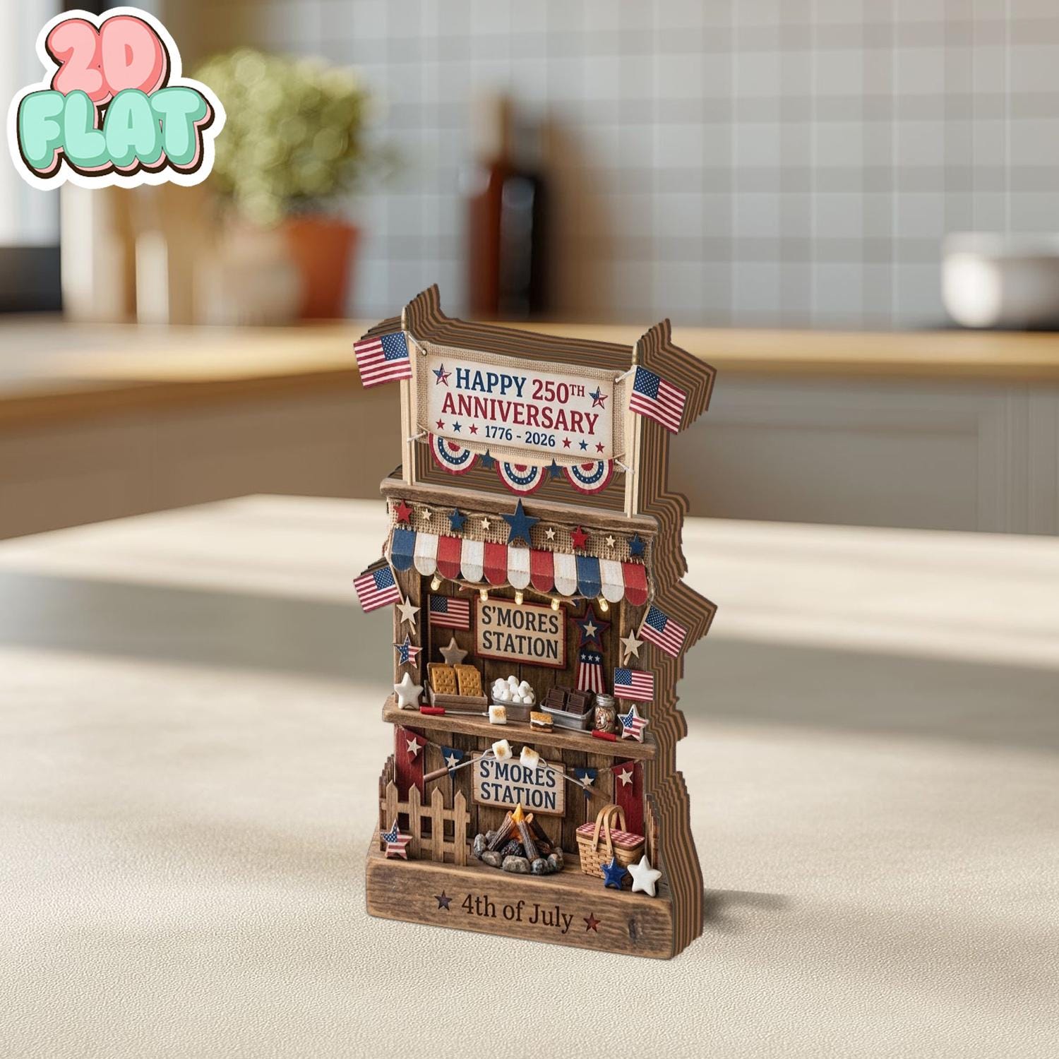 Patriotic Smores Station 2D FLAT Wooden Block, 4th of July Decor, USA Celebration Display, Independence Day Party Decor, Summer Centerpiece