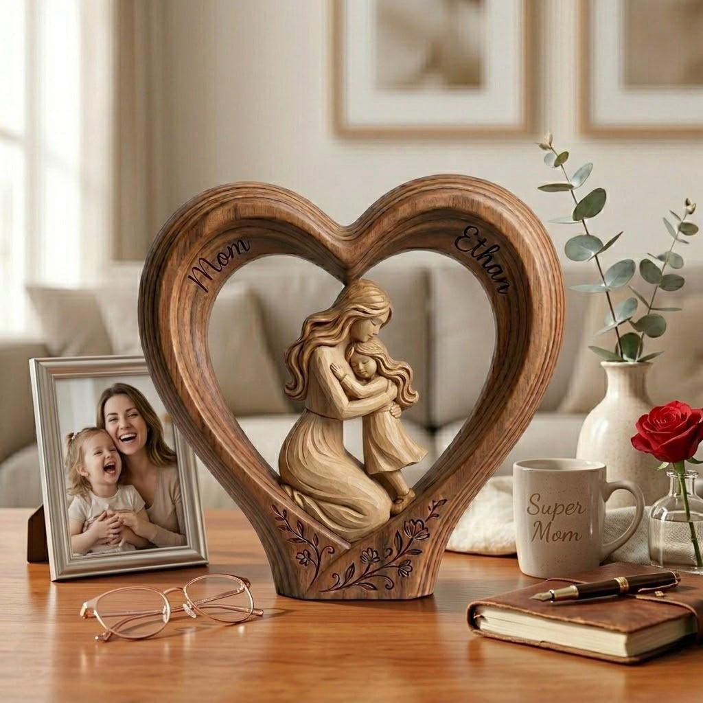 Personalized Mom and Son 2D FLAT Wooden Heart Block, Custom Name Family Keepsake Decor, Rustic Wood Table Sign, Mothers Day Gift for Mom