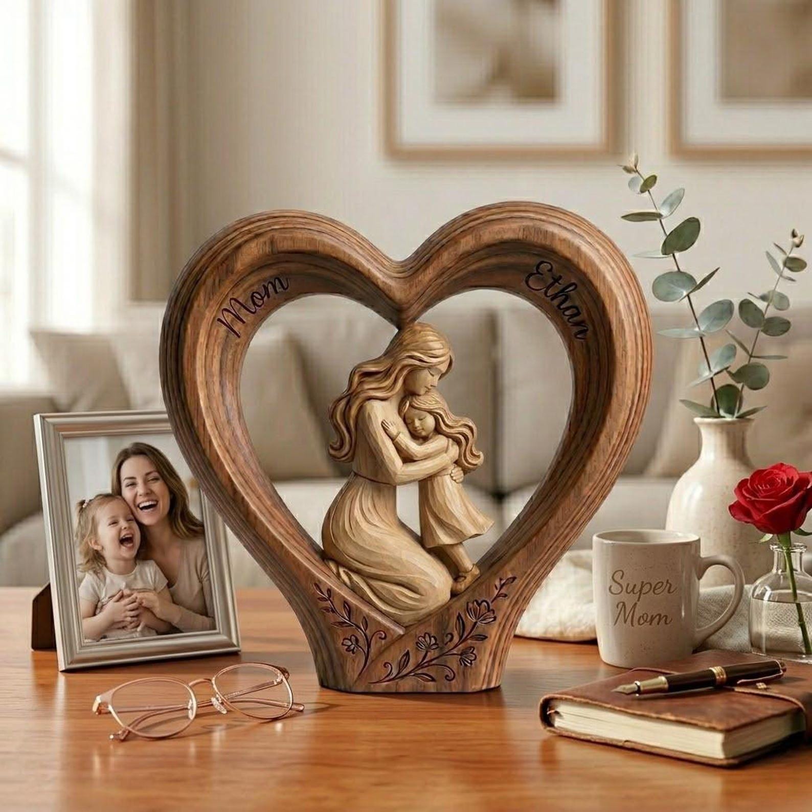 Personalized Mom and Son 2D FLAT Wooden Heart Block, Custom Name Family Keepsake Decor, Rustic Wood Table Sign, Mothers Day Gift for Mom