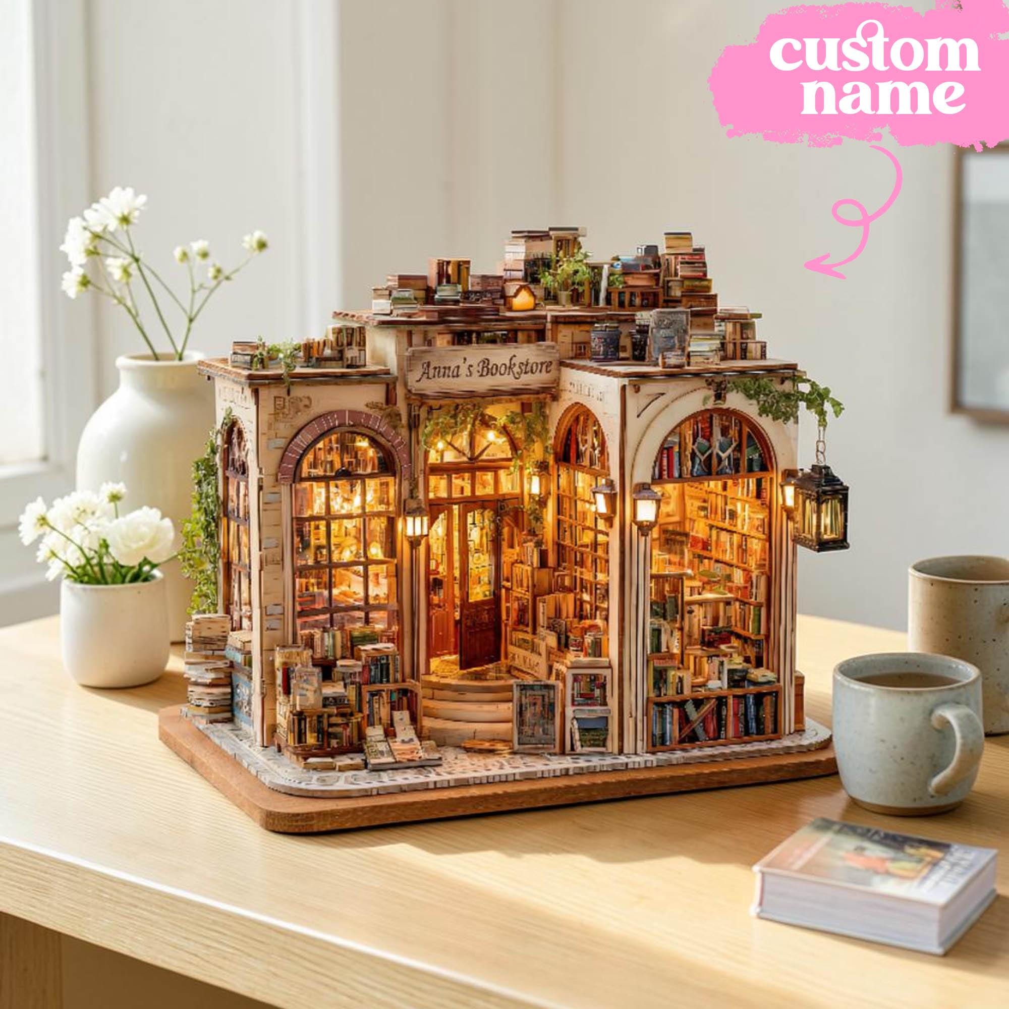 Personalized 2D Miniature Bookstore Wooden Model - Vintage Library Decor - Custom Name Book Lover Gift